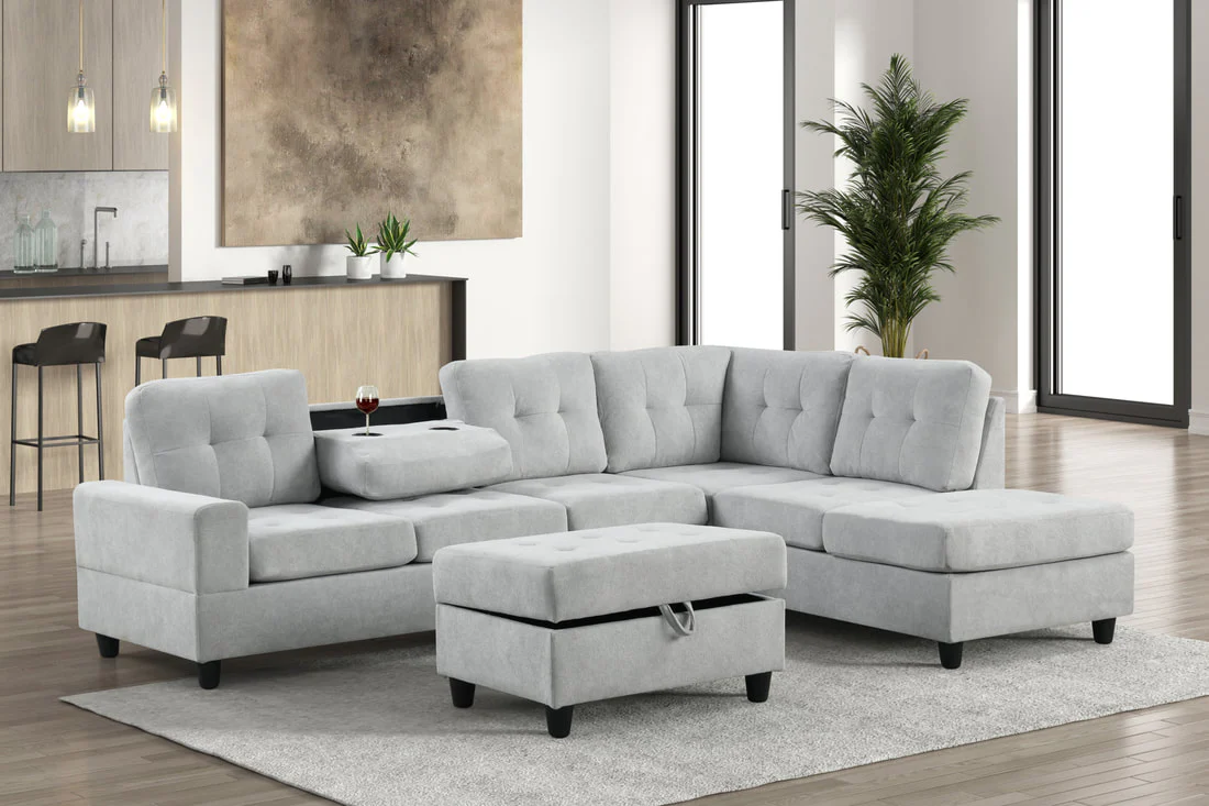 Heights Gray Reversible Sectional & Storage Ottoman
