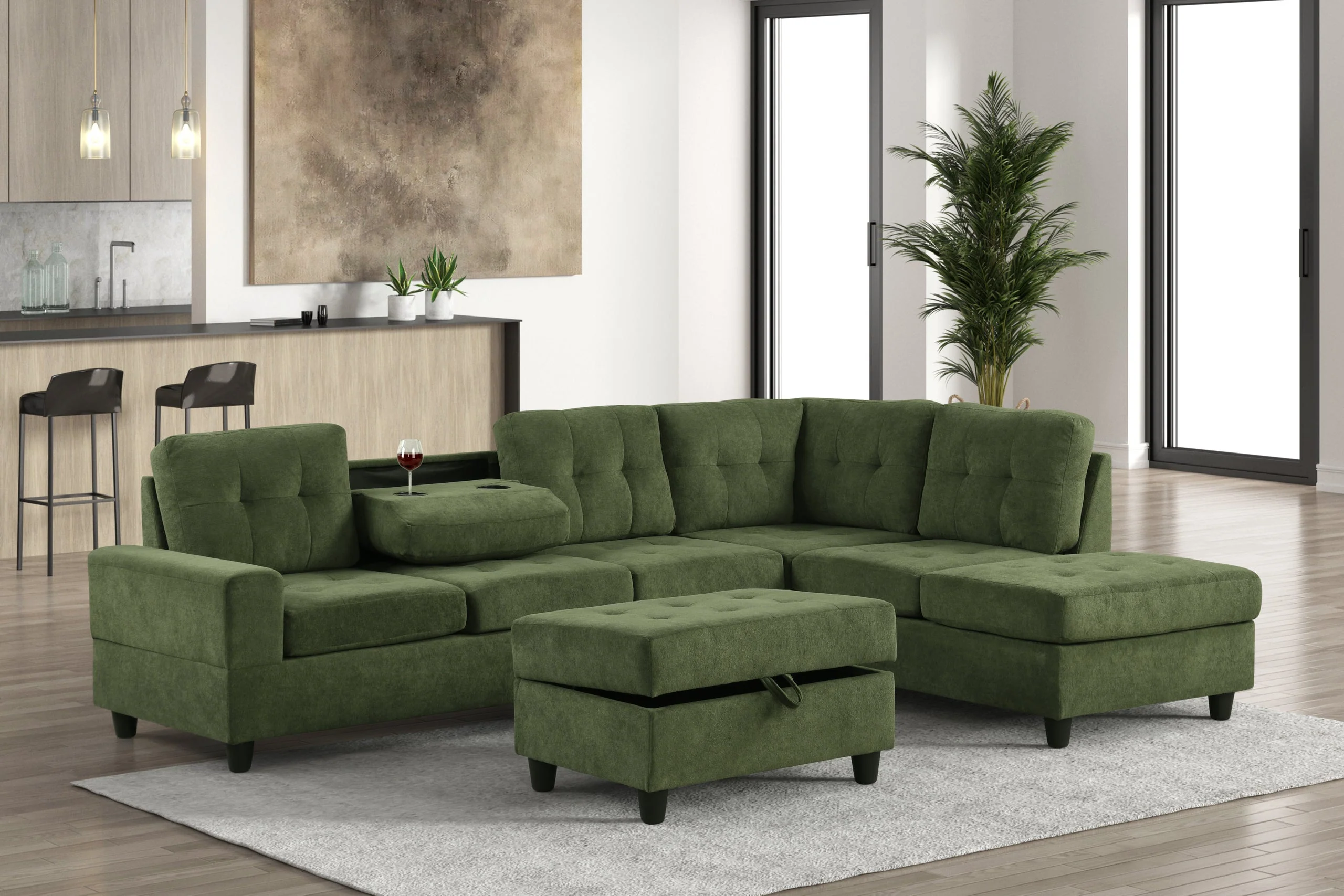 Heights Green Reversible Sectional & Storage Ottoman