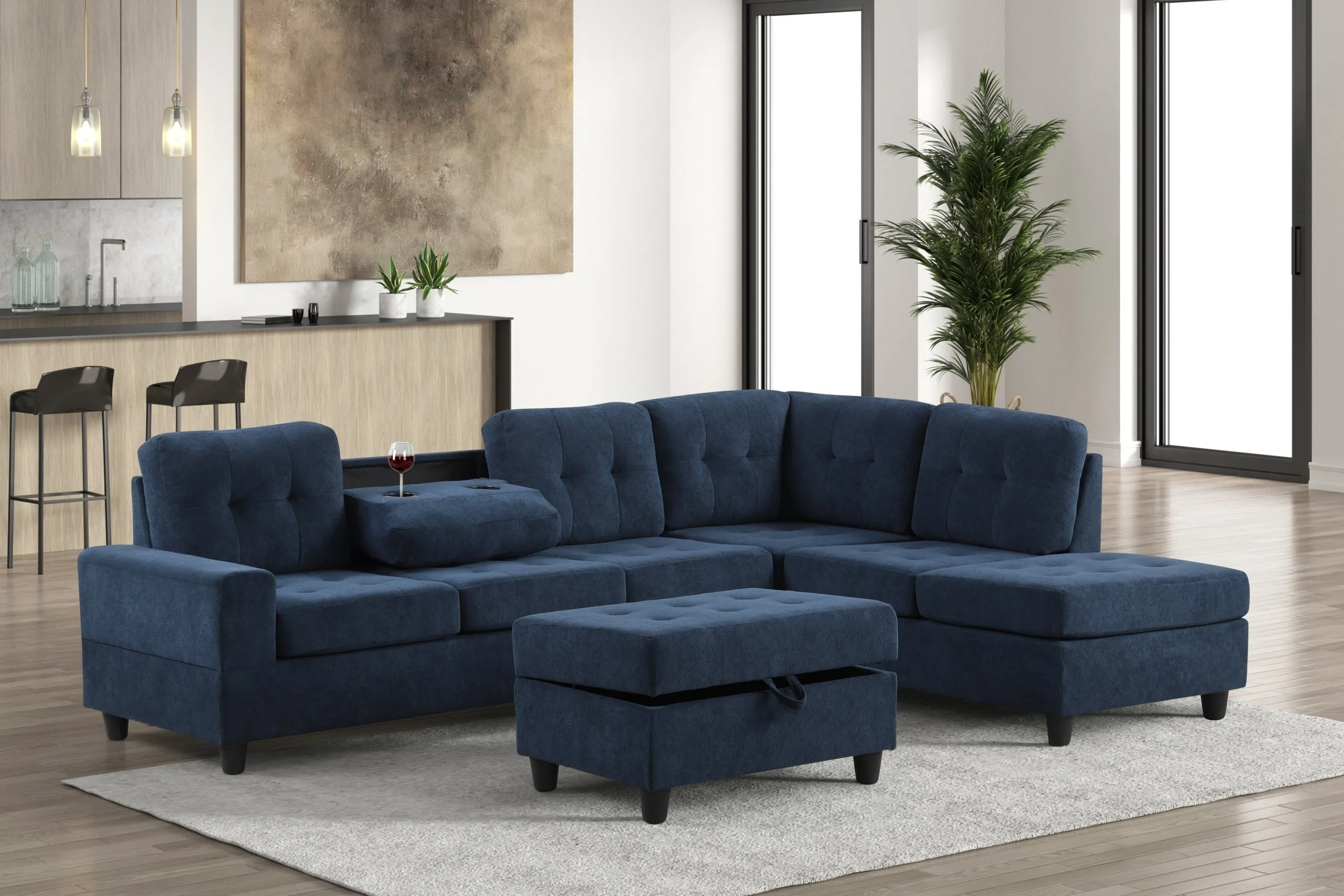 Heights Navy Velvet Reversible Sectional & Storage Ottoman