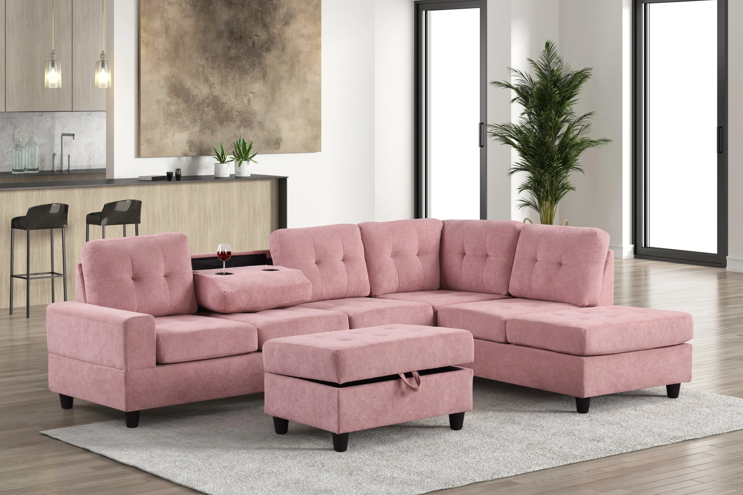 Heights Pink Velvet Reversible Sectional & Storage Ottoman