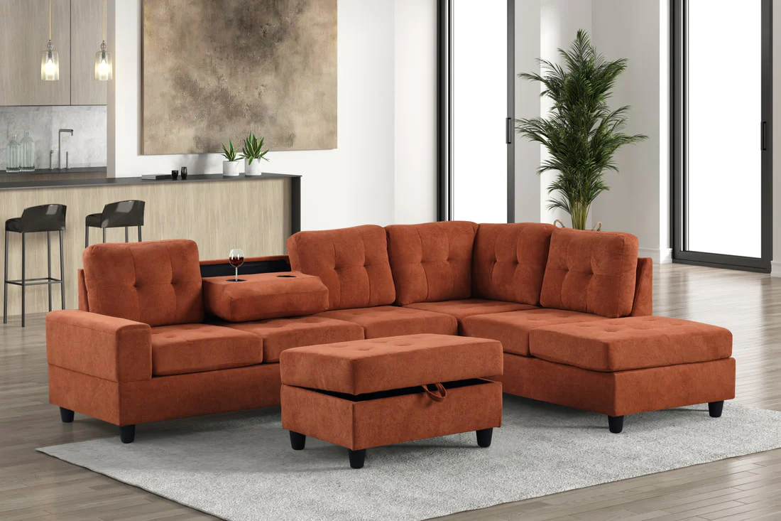 Heights Rust Reversible Sectional & Storage Ottoman