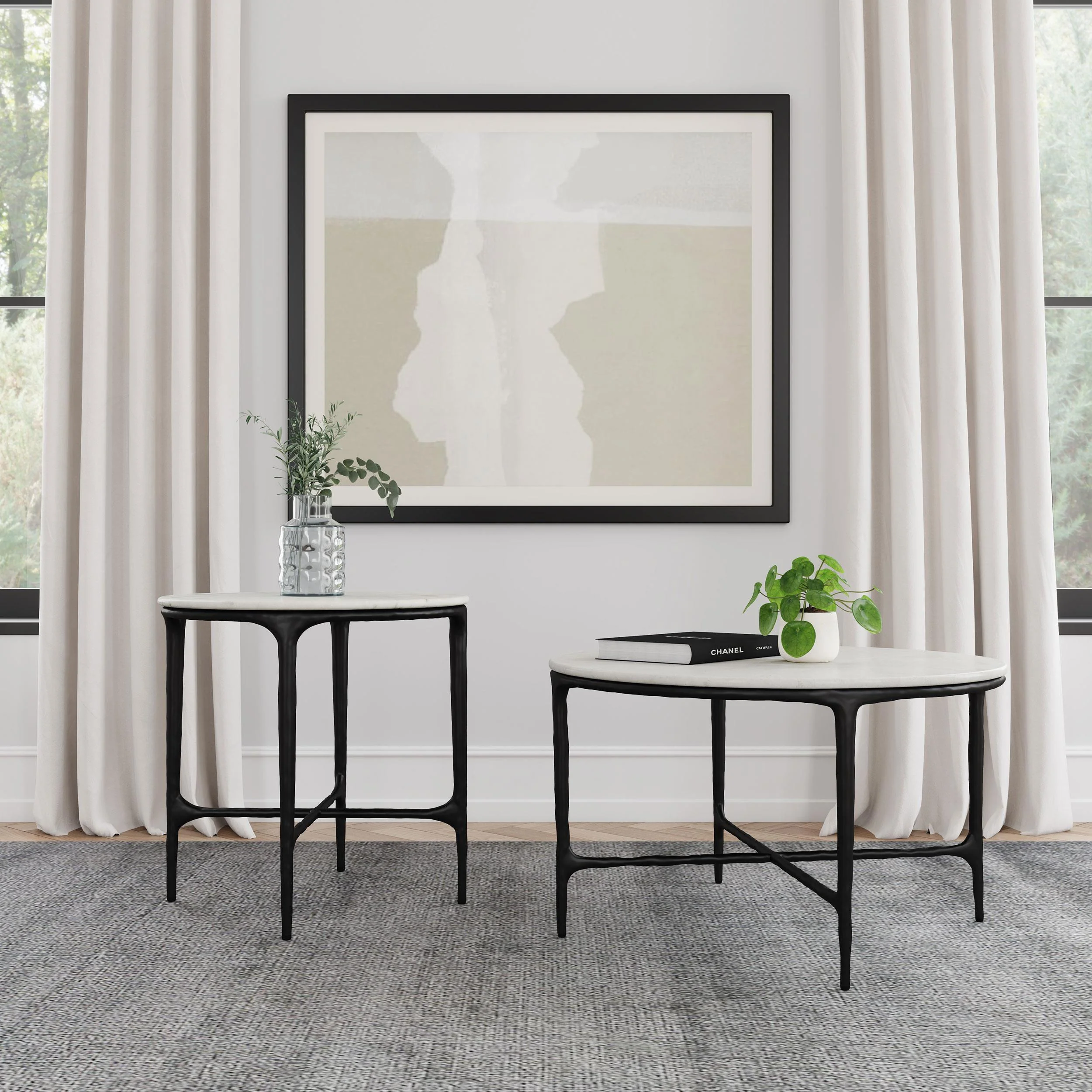 Hermas White and Black 2-Piece Round Marble Coffee and End Table Set