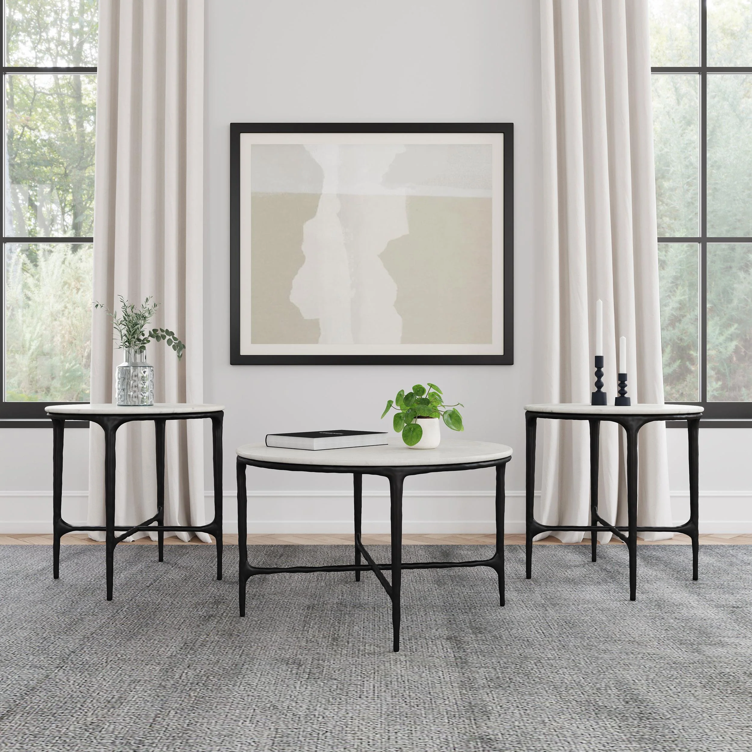 Hermas White and Black 3-Piece Round Marble Coffee and End Table Set