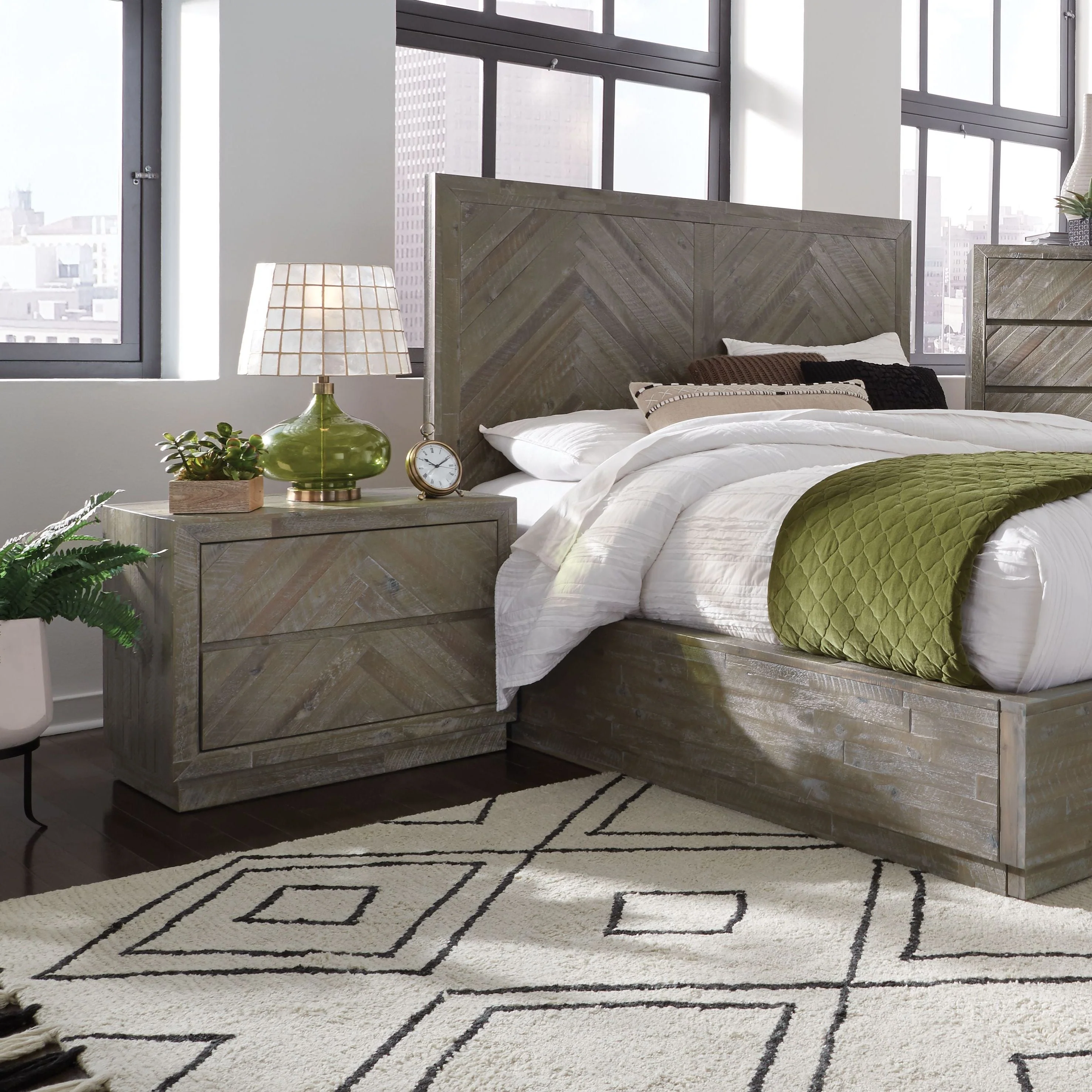 Herringbone Solid Wood Two Drawer Nightstand in Rustic Latte - Image 2