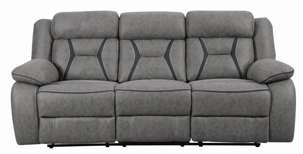 Higgins Gray Upholstered Tufted Reclining Living Room Set - Image 3