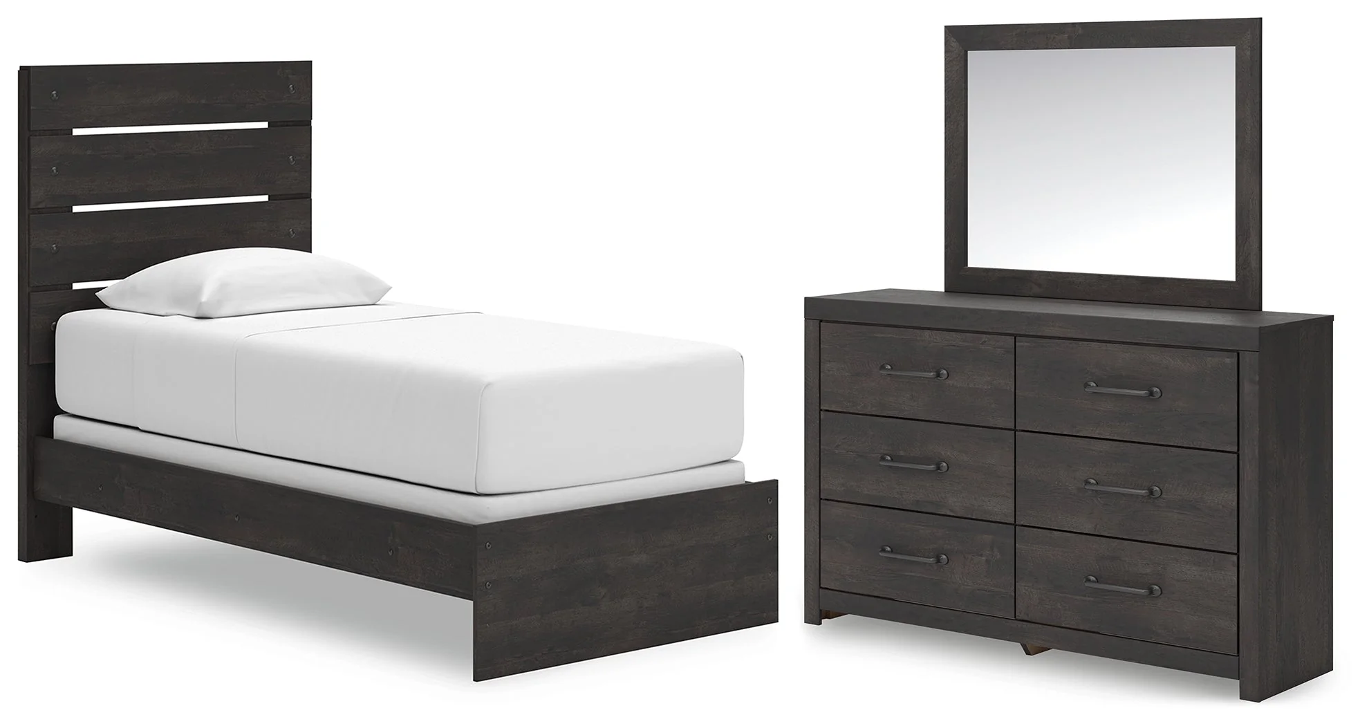 Hollivern Dark Gray Twin Panel Bed, Dresser and Mirror