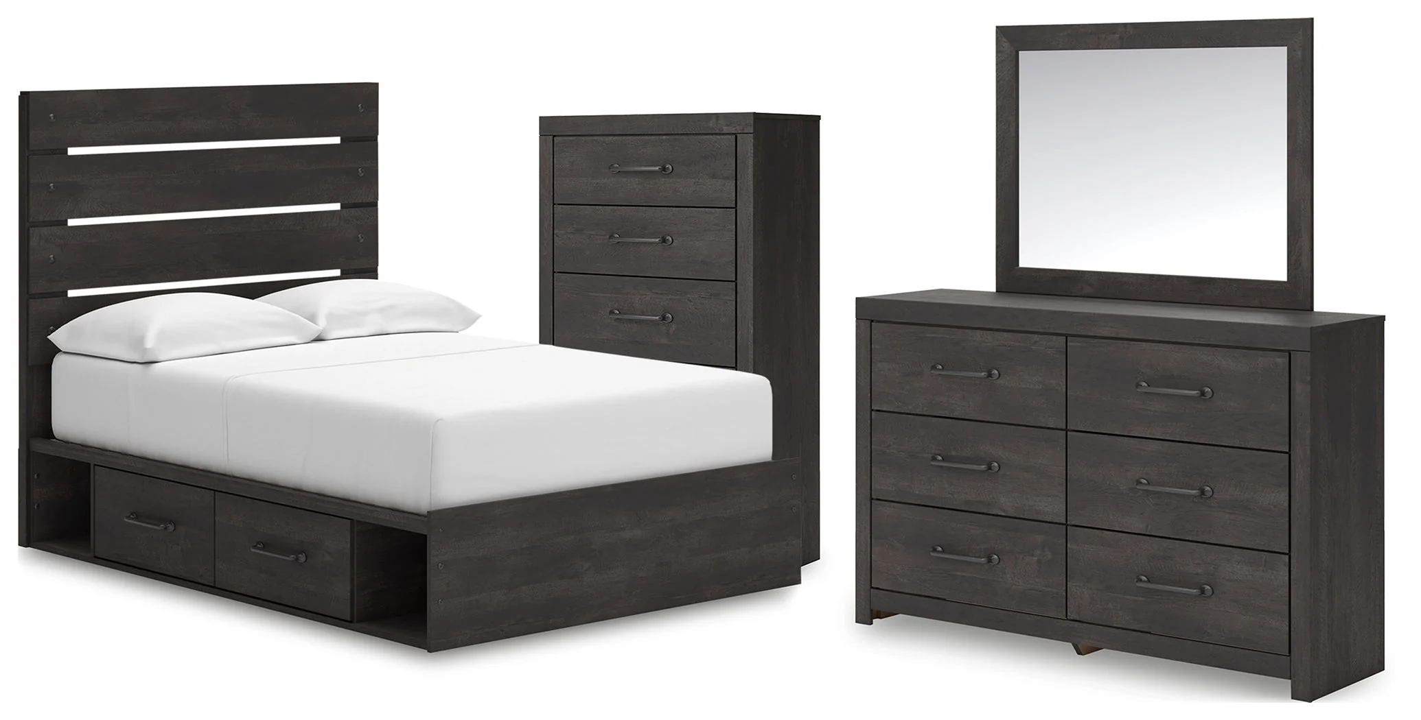 Hollivern Full Panel Bed with Storage with Mirrored Dresser and Chest in Dark Gray
