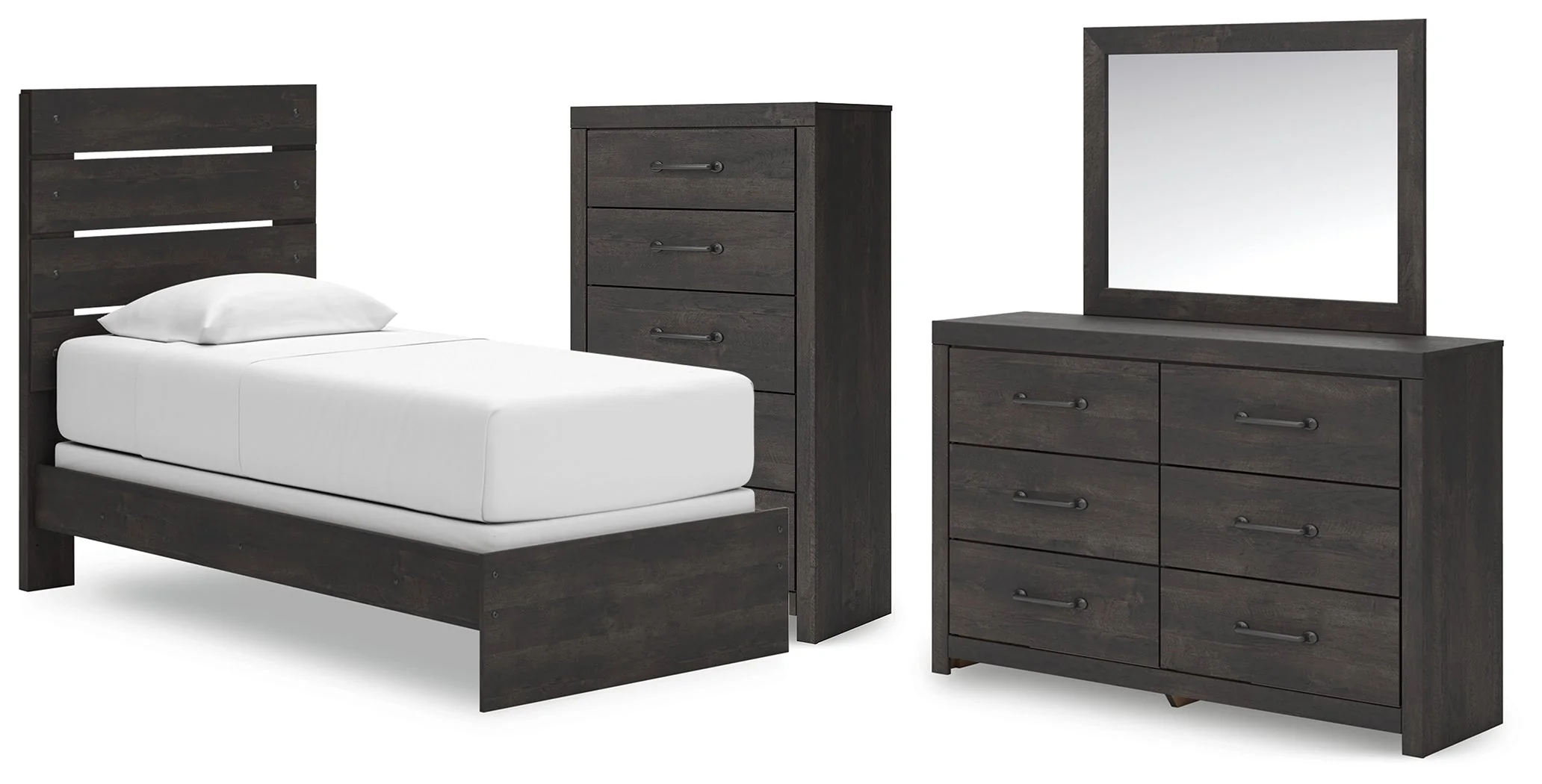 Hollivern Twin Panel Bed with Mirrored Dresser and Chest in Dark Gray