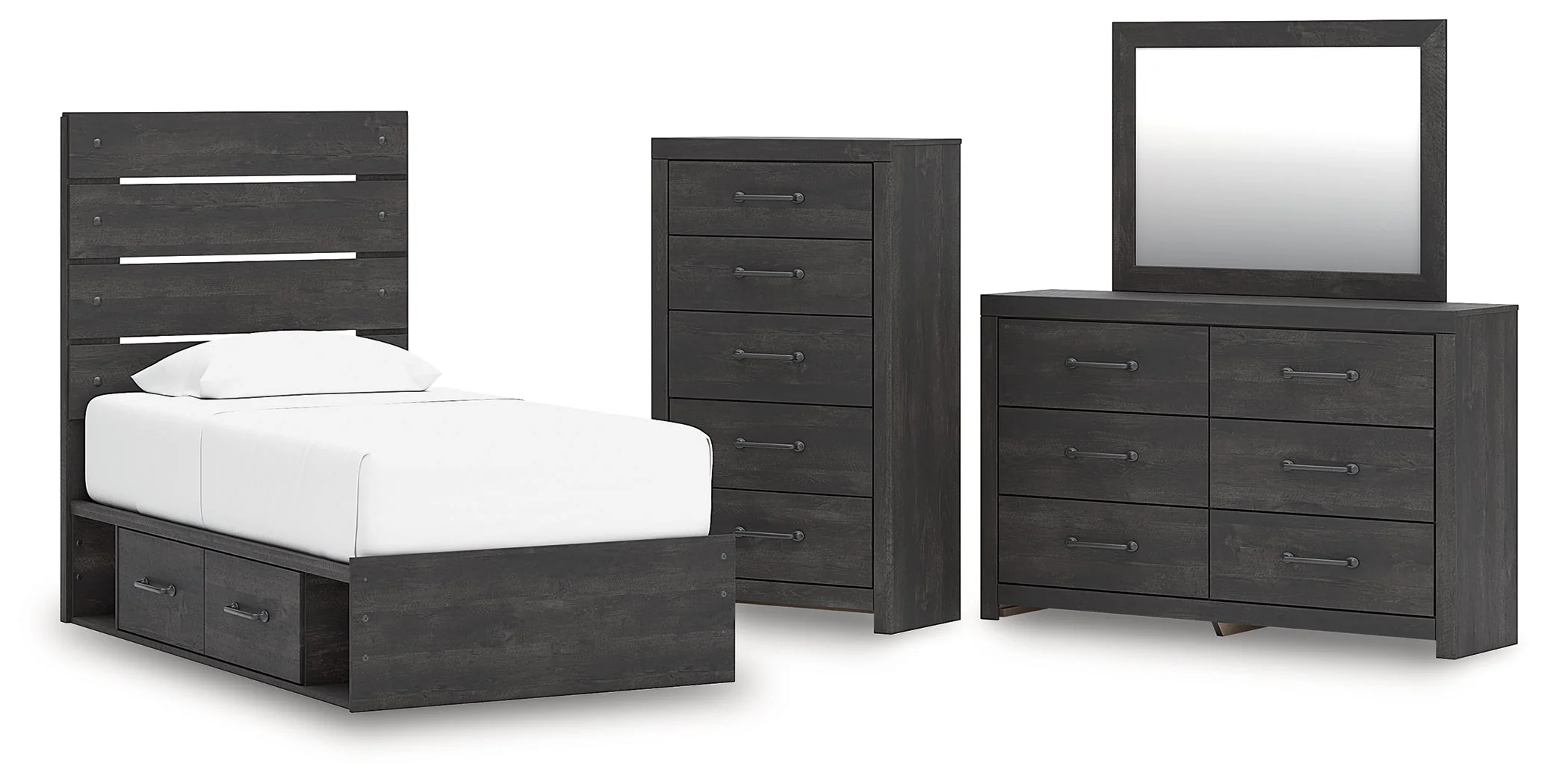 Hollivern Twin Panel Storage Bed with Mirrored Dresser and Chest in Dark Gray
