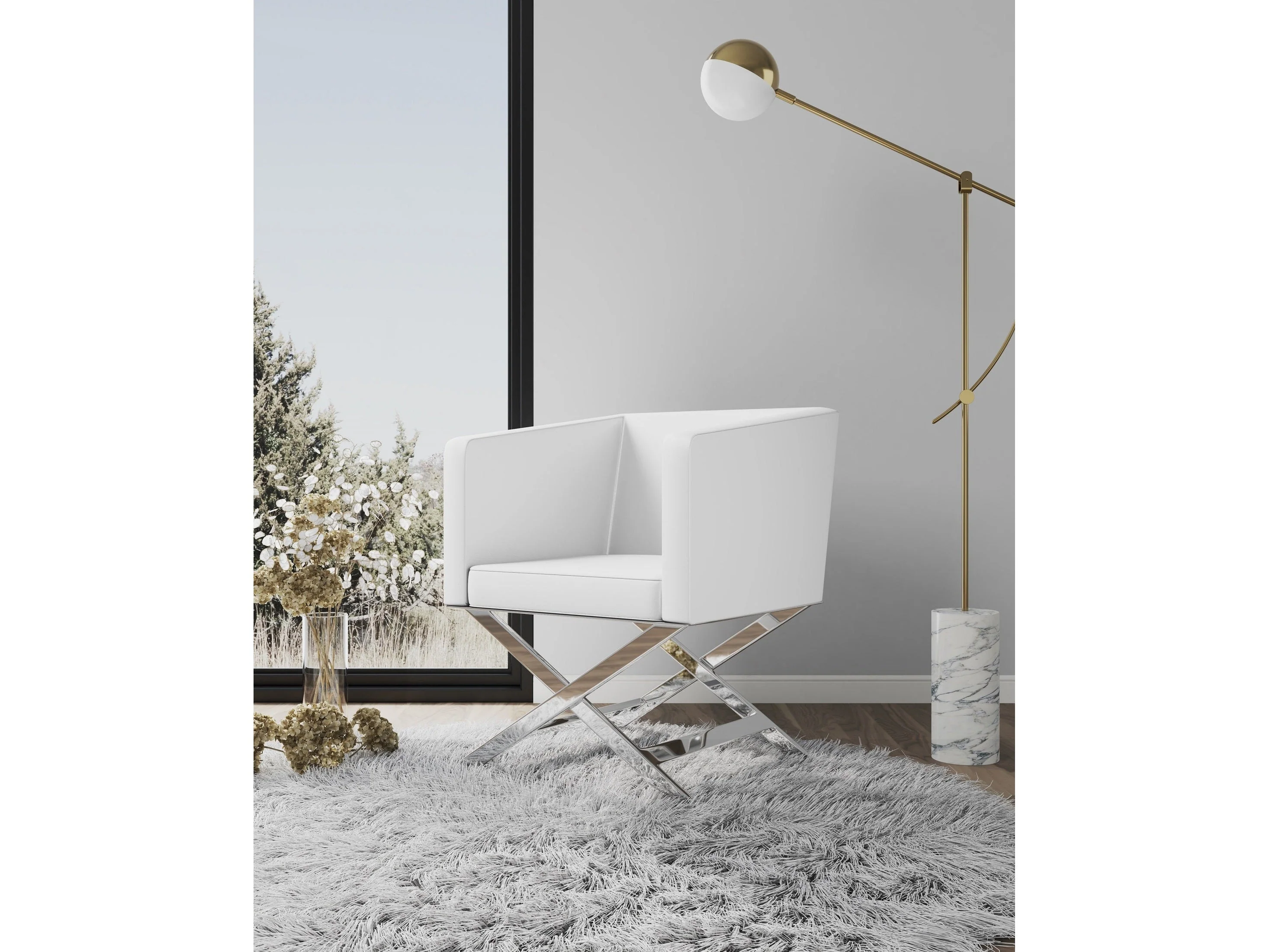 Hollywood Lounge Accent Chair in White and Polished Chrome (set of 2)