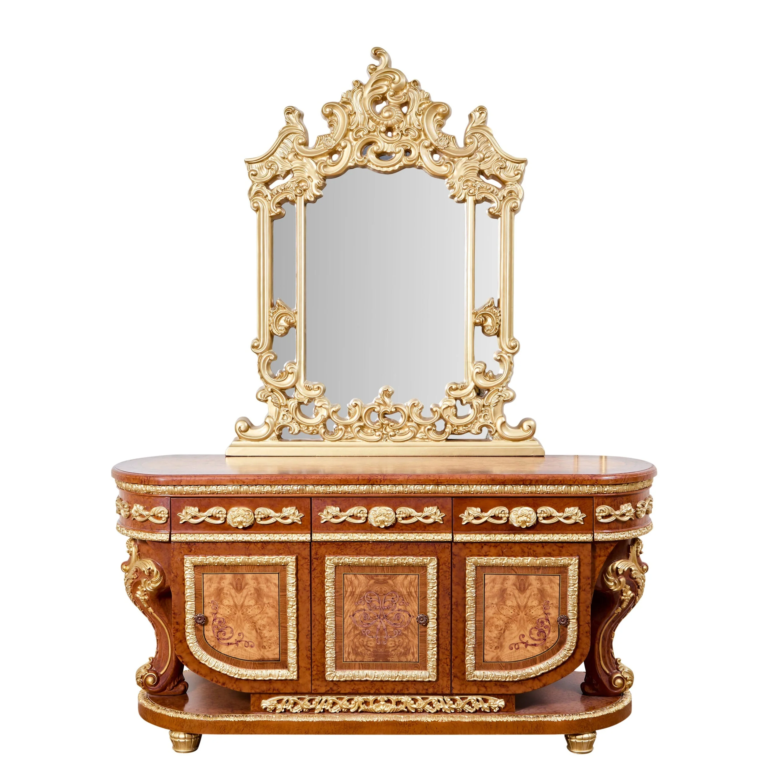 Homey Design HD-8024 Cherry Metallic Gold Buffet and Mirror