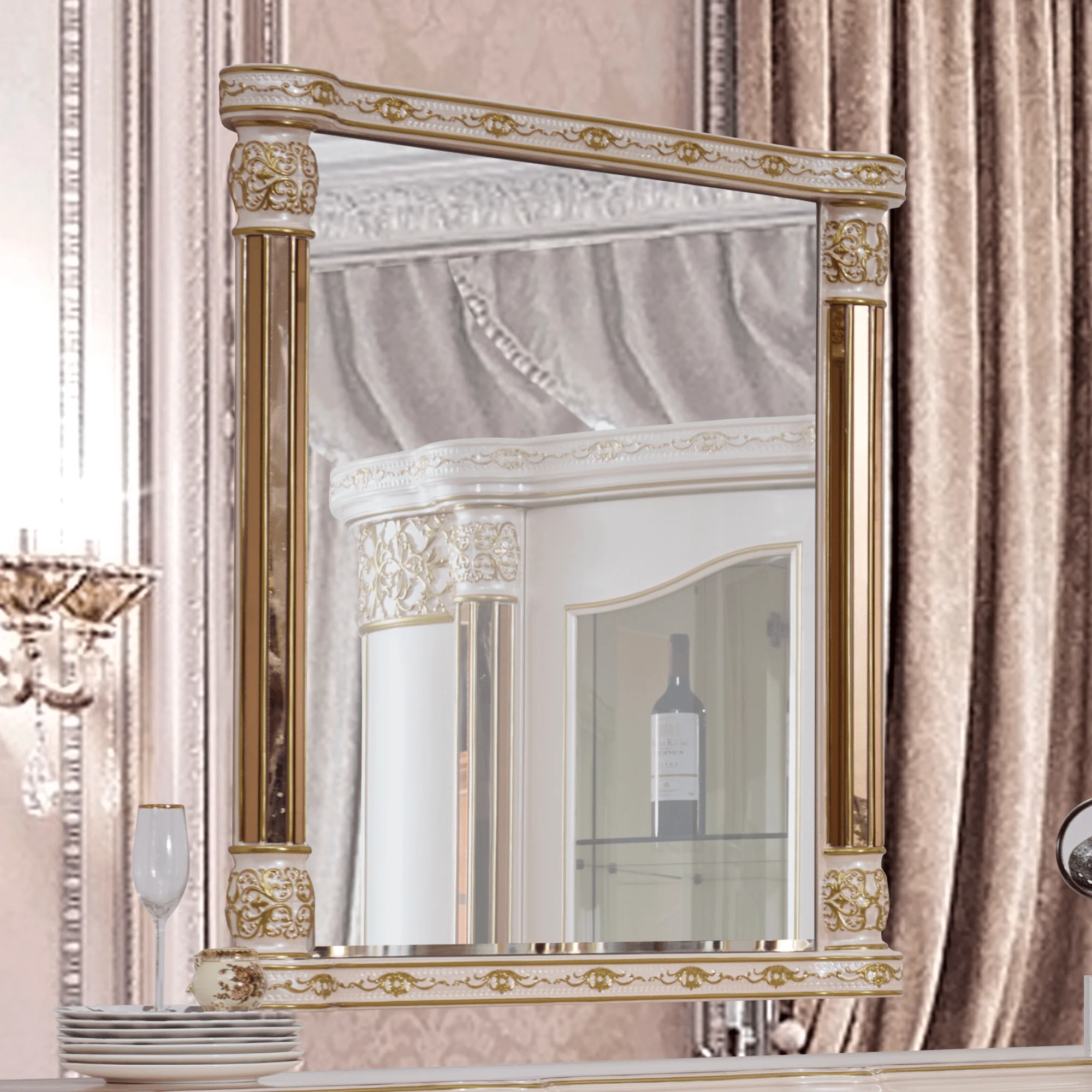 Homey Design HD-9022 Antique Ivory Gold Trim Mirror
