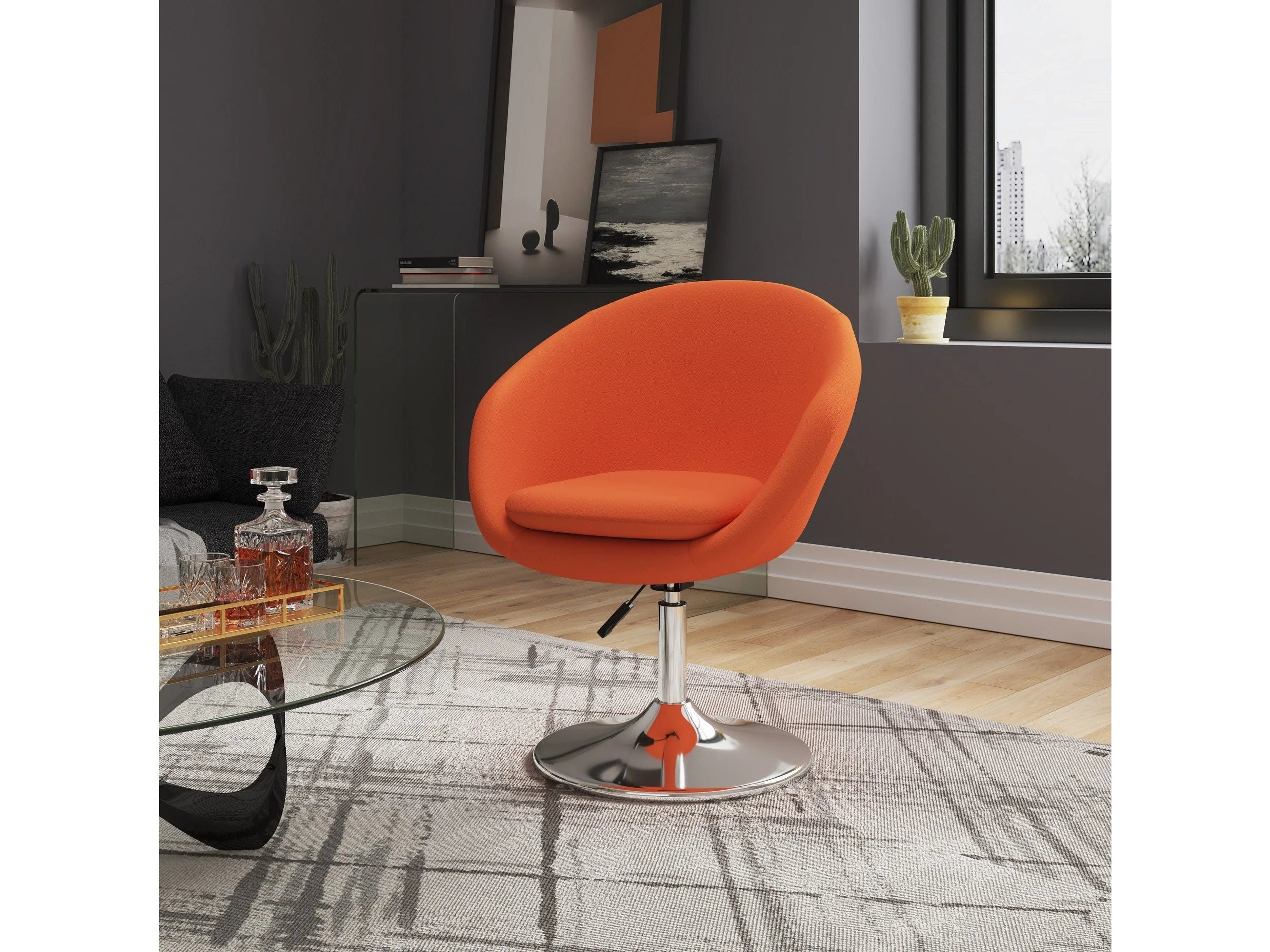 Hopper Swivel Adjustable Height Chair in Orange and Polished Chrome (Set of 2)