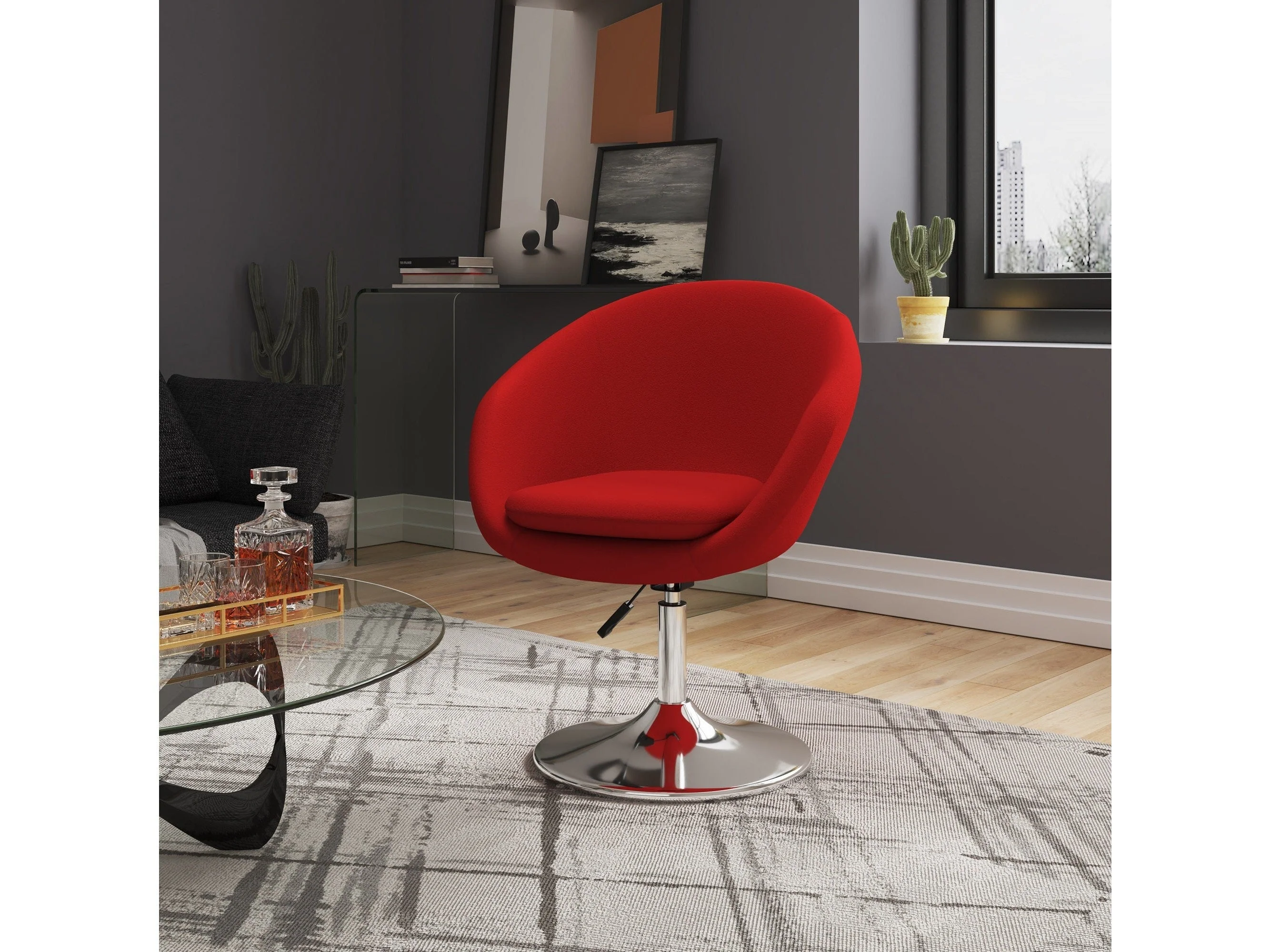 Hopper Swivel Adjustable Height Chair in Red and Polished Chrome (set of 2)