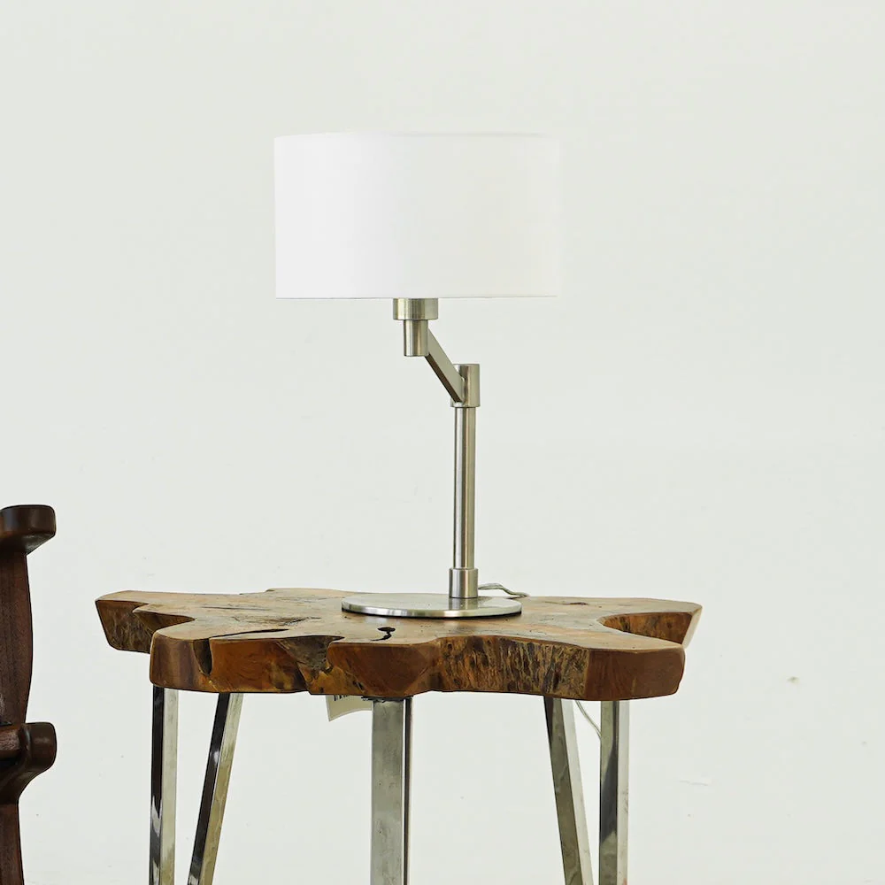 Horizon Brushed Nickel Table Lamp with On/Off Switch Curved Metal Base Linen Shade - Image 3