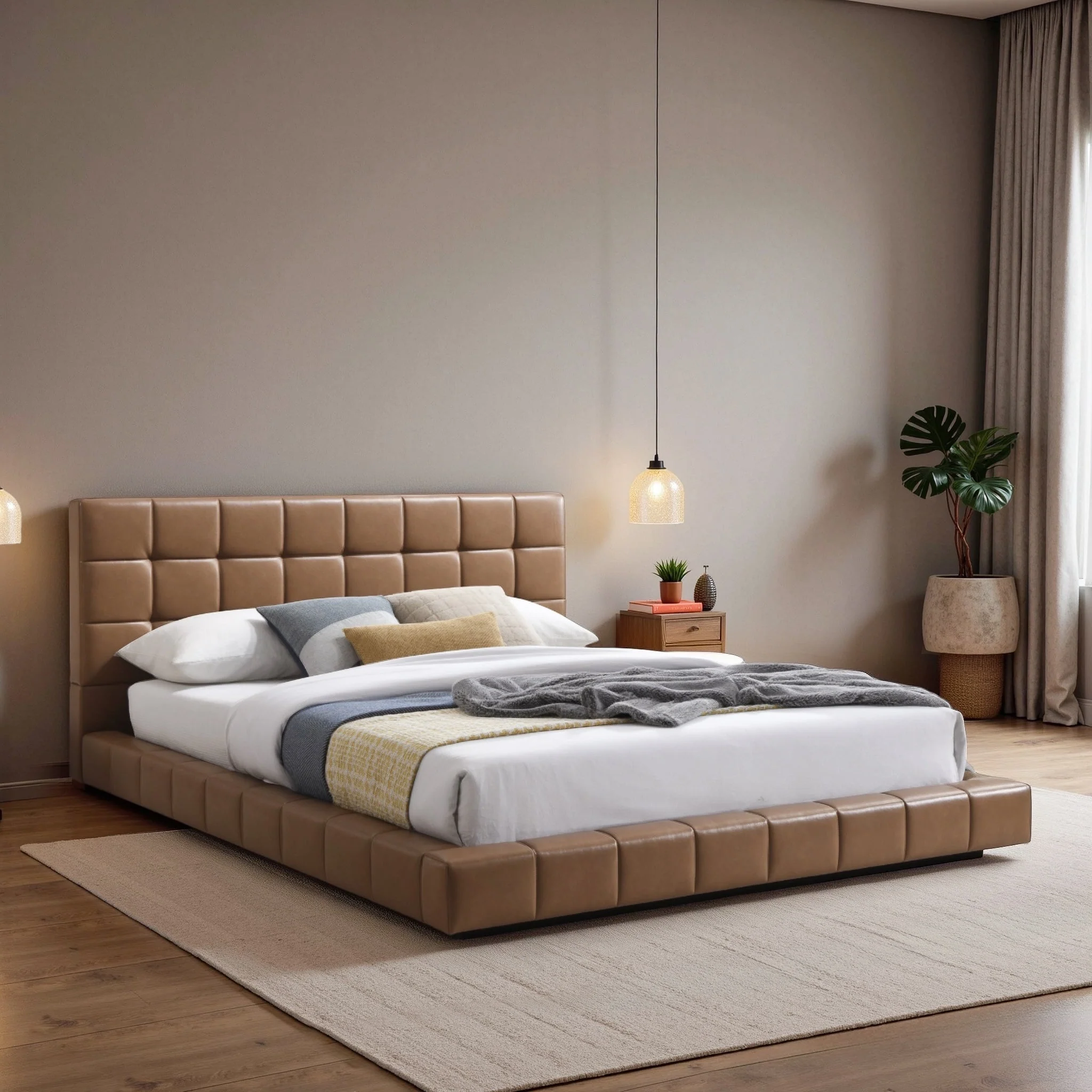 Hudson Tan Vegan Leather Upholstered King Platform Bed - Image 3