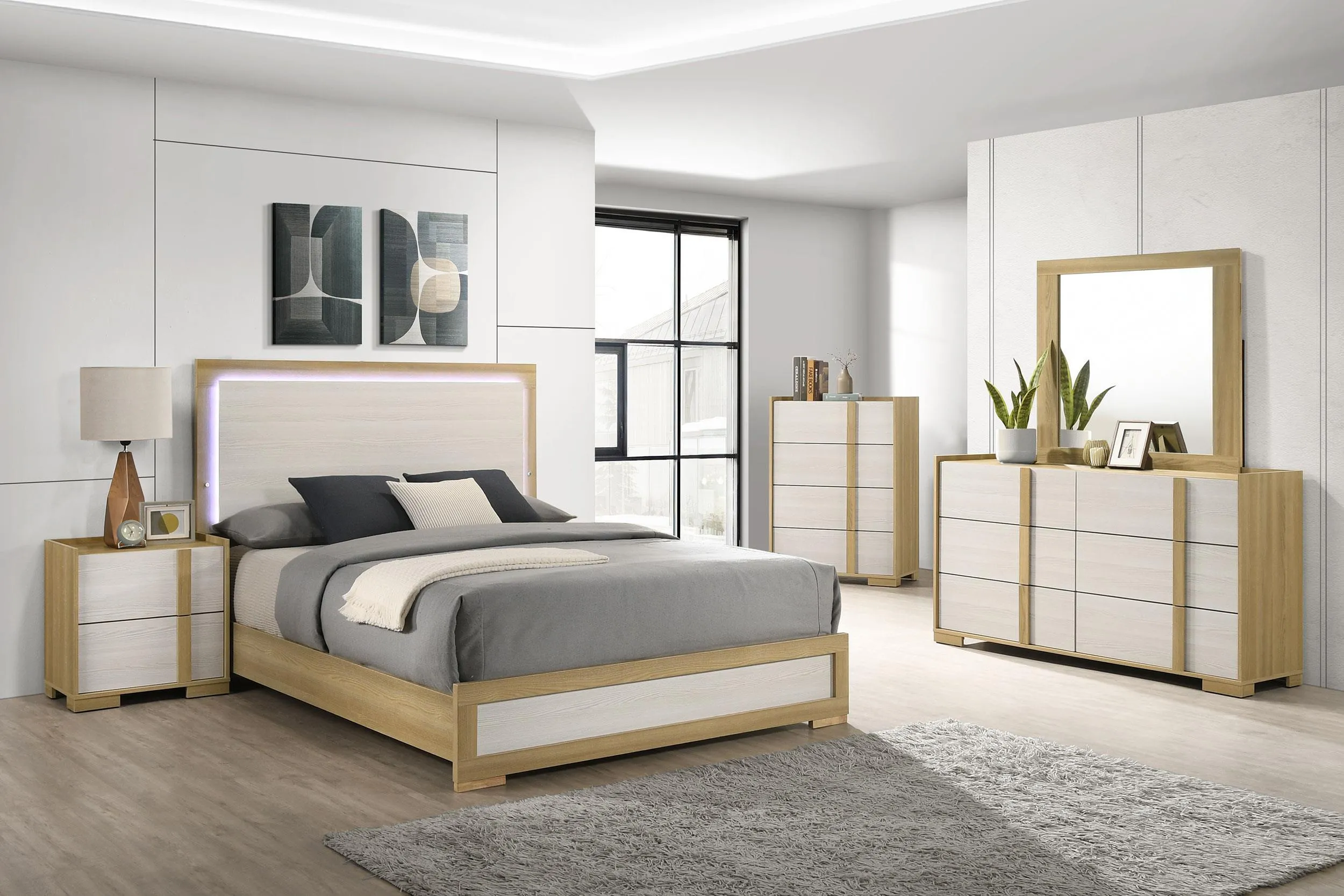 Hyland Natural and White Wood Queen LED Panel Bed - Image 4