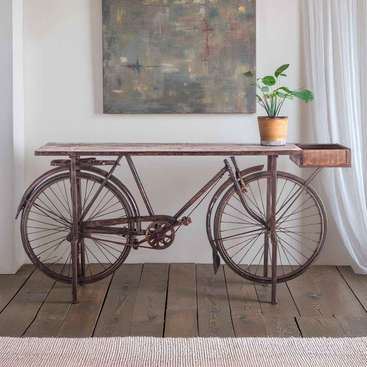 Industrial Teak 71" Bicycle Console Table in Walnut - Image 2