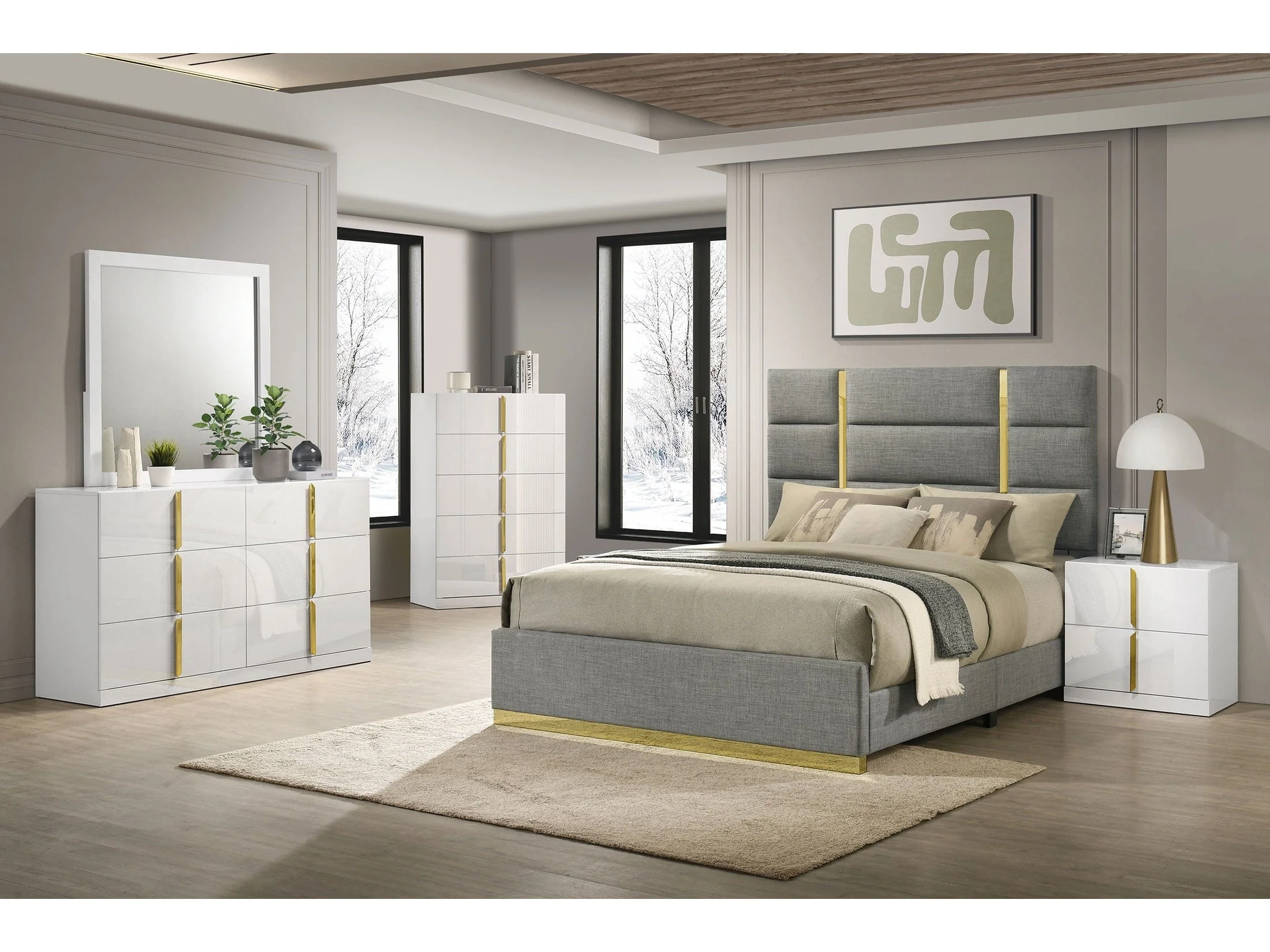 Ines Grey/White High Gloss 5-piece Queen Bedroom Set