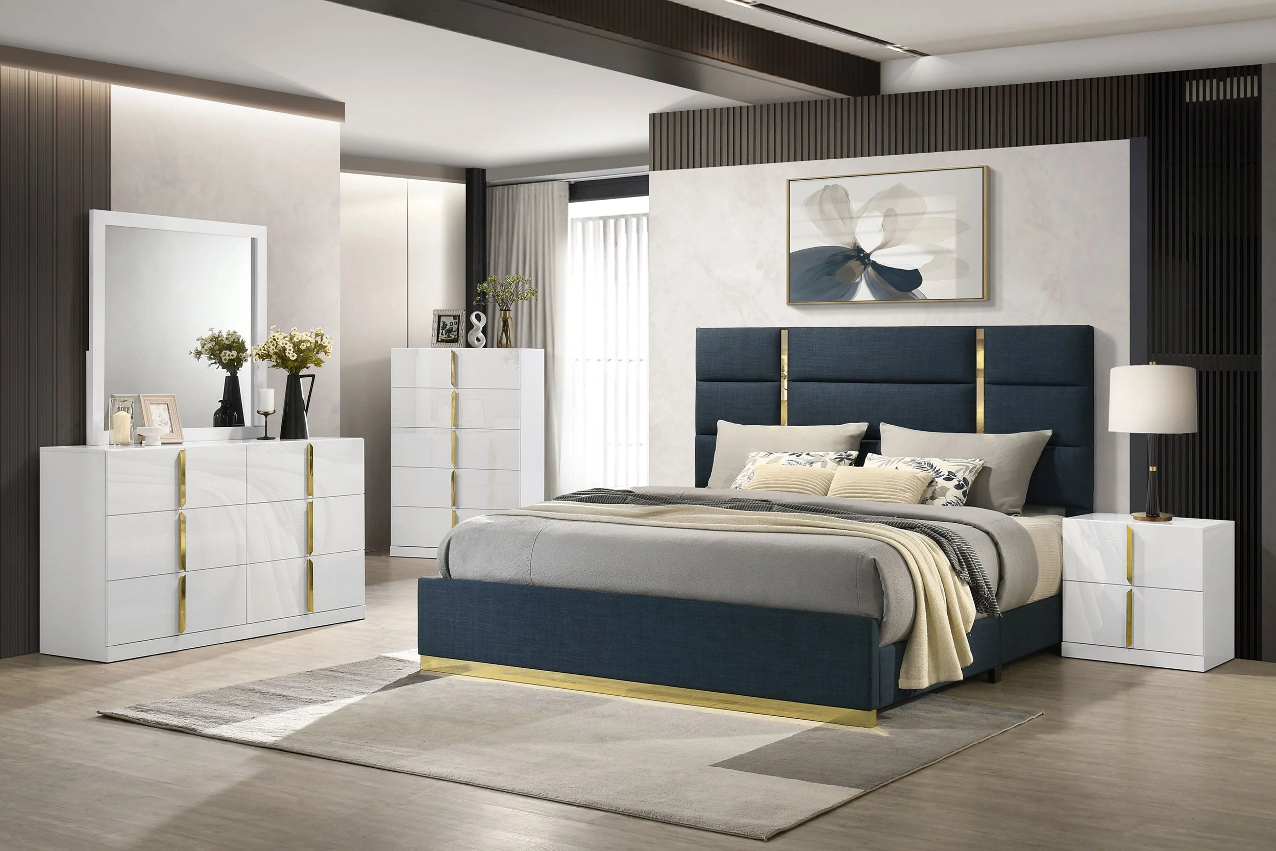 Ines Navy 52-inch Fabric Upholstered Queen Panel Bed - Image 9