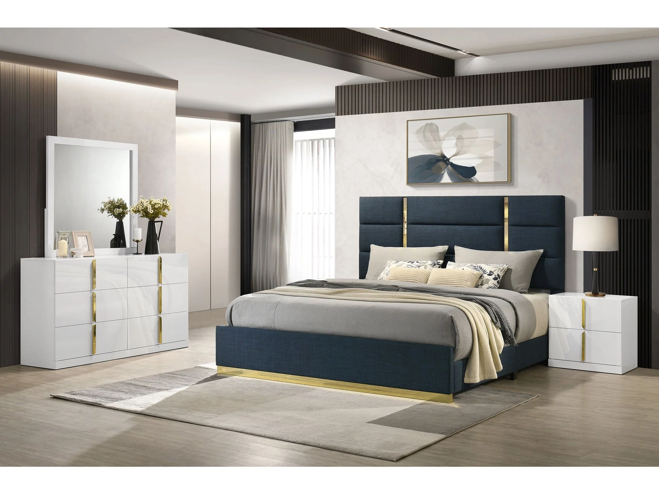 Ines Navy/White High Gloss 4-piece Queen Bedroom Set
