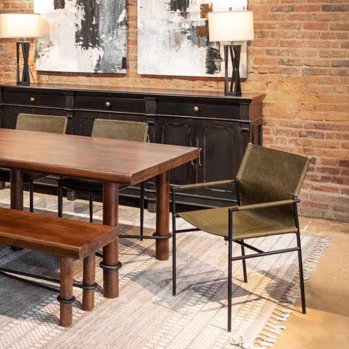 Irvine 20" Dining Armchair Olive Green Leather and Iron - Image 3
