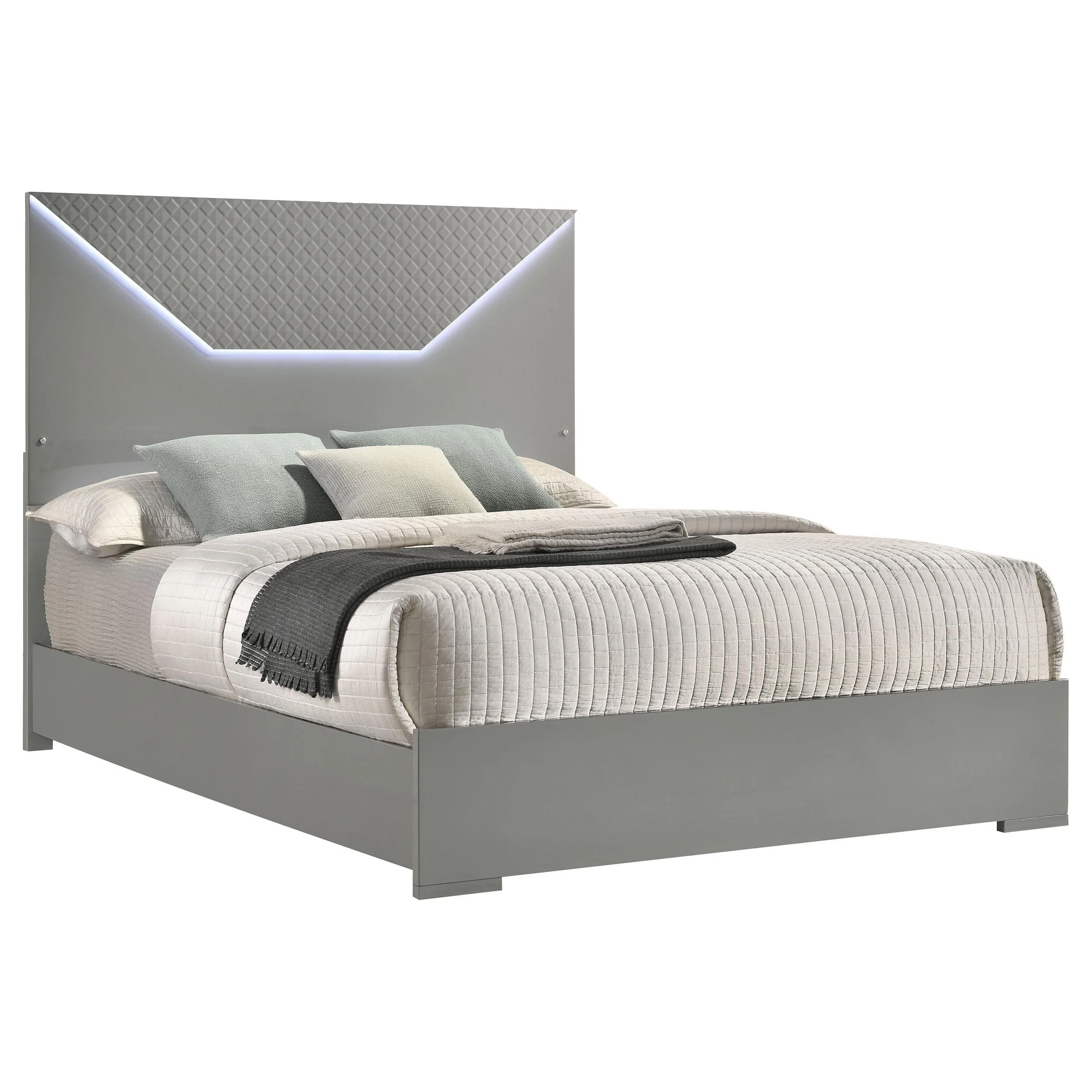 Ives Grey High Gloss Queen Panel Bed LED Headboard - Image 2