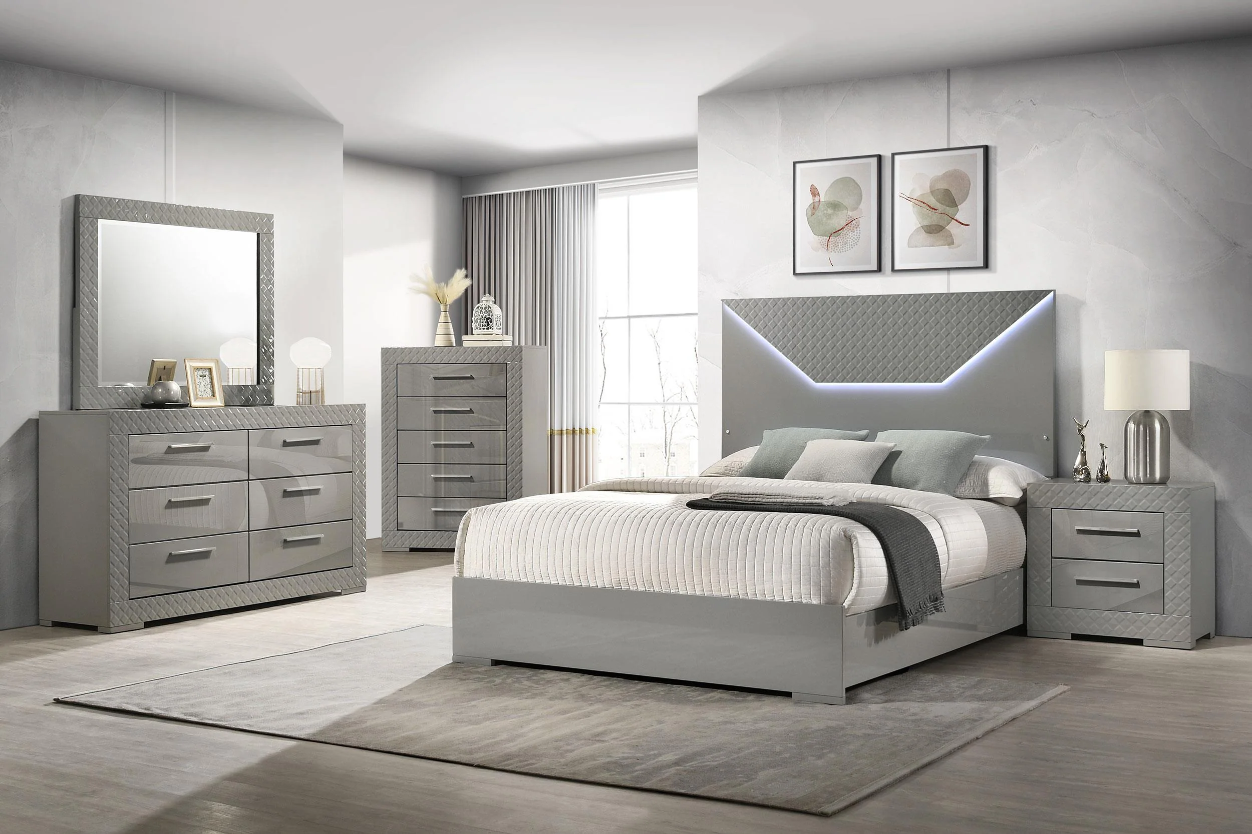 Ives Grey High Gloss Queen Panel Bed LED Headboard - Image 5