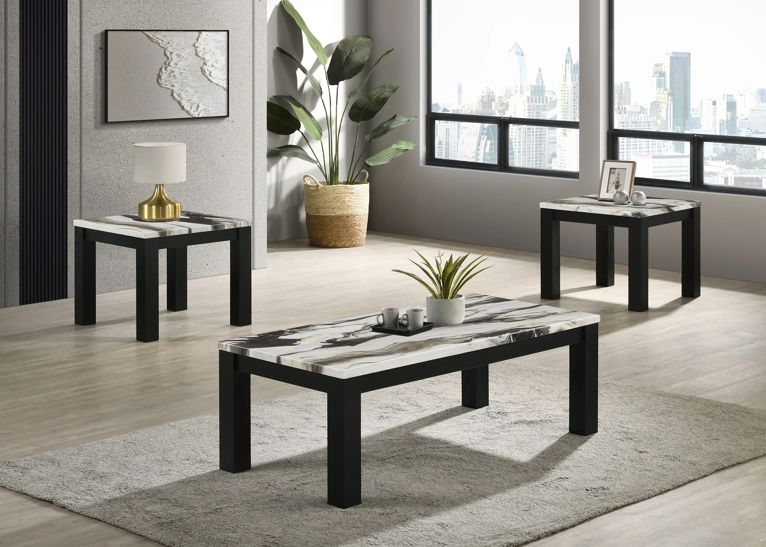 Ivy Brown/Black Faux Marble 3-Piece Coffee Table Set