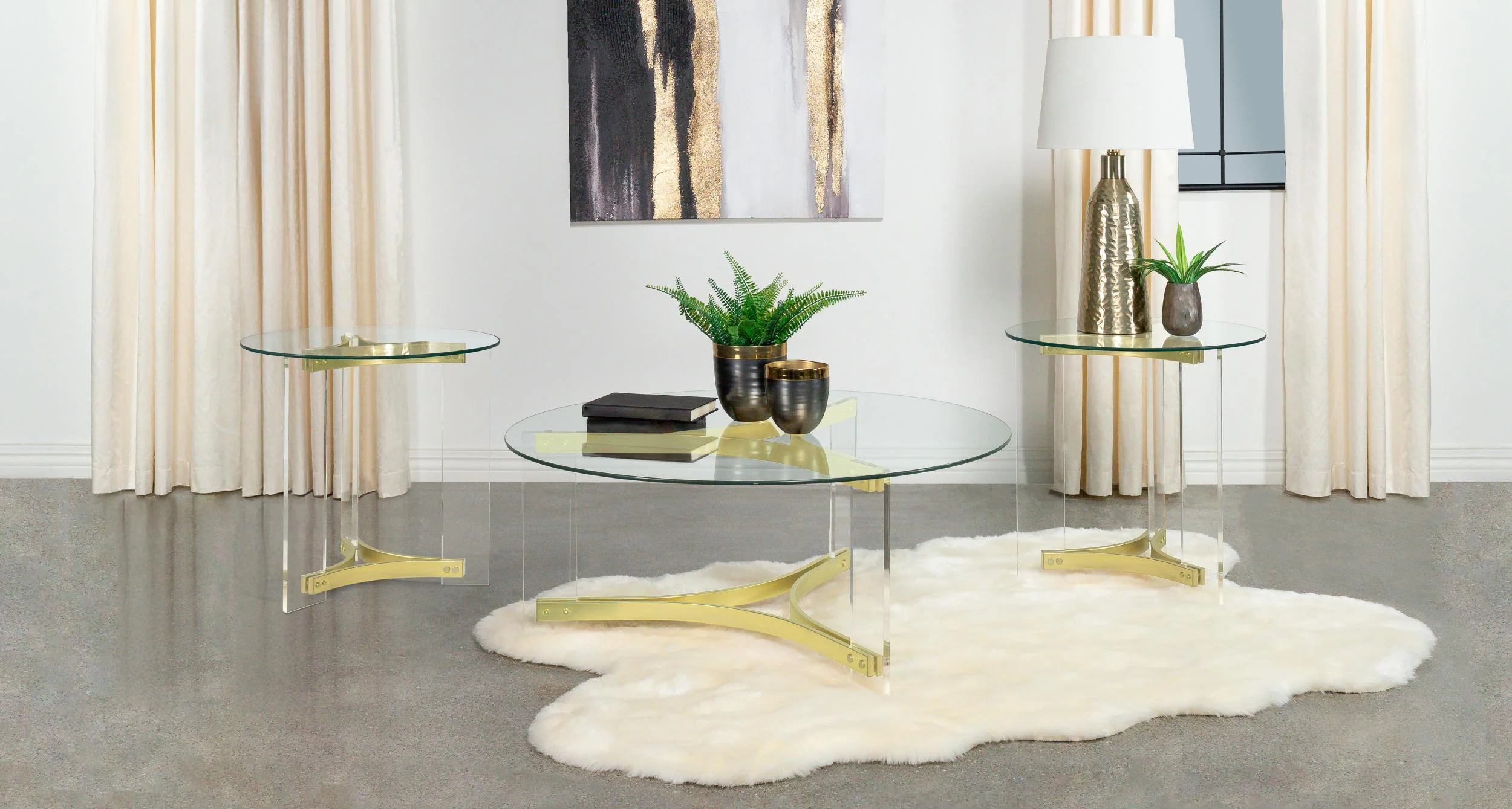 Janessa Matte Brass 3-Piece Acrylic Coffee and End Table Set