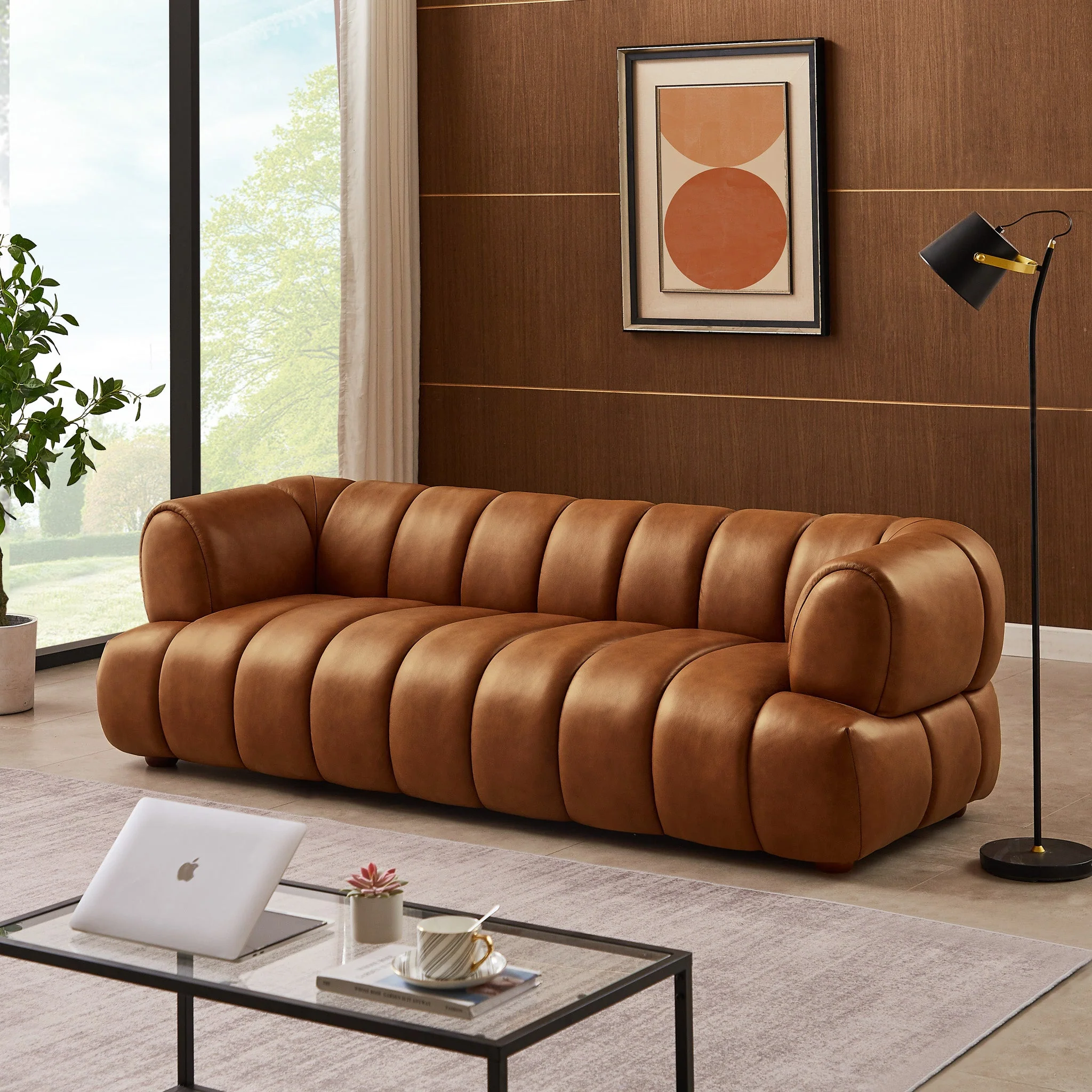 Jasmin Mid-Century Modern Cognac Genuine Leather Sofa - Image 3