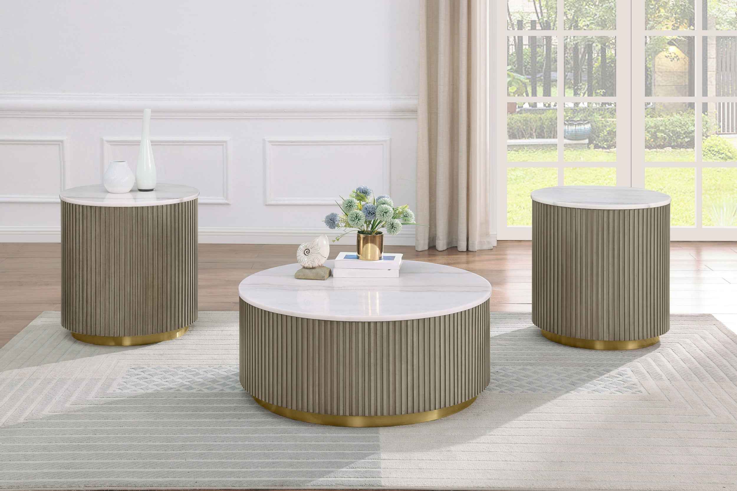 Jason Greige/White Marble 3-piece Round White Marble Coffee Table Set