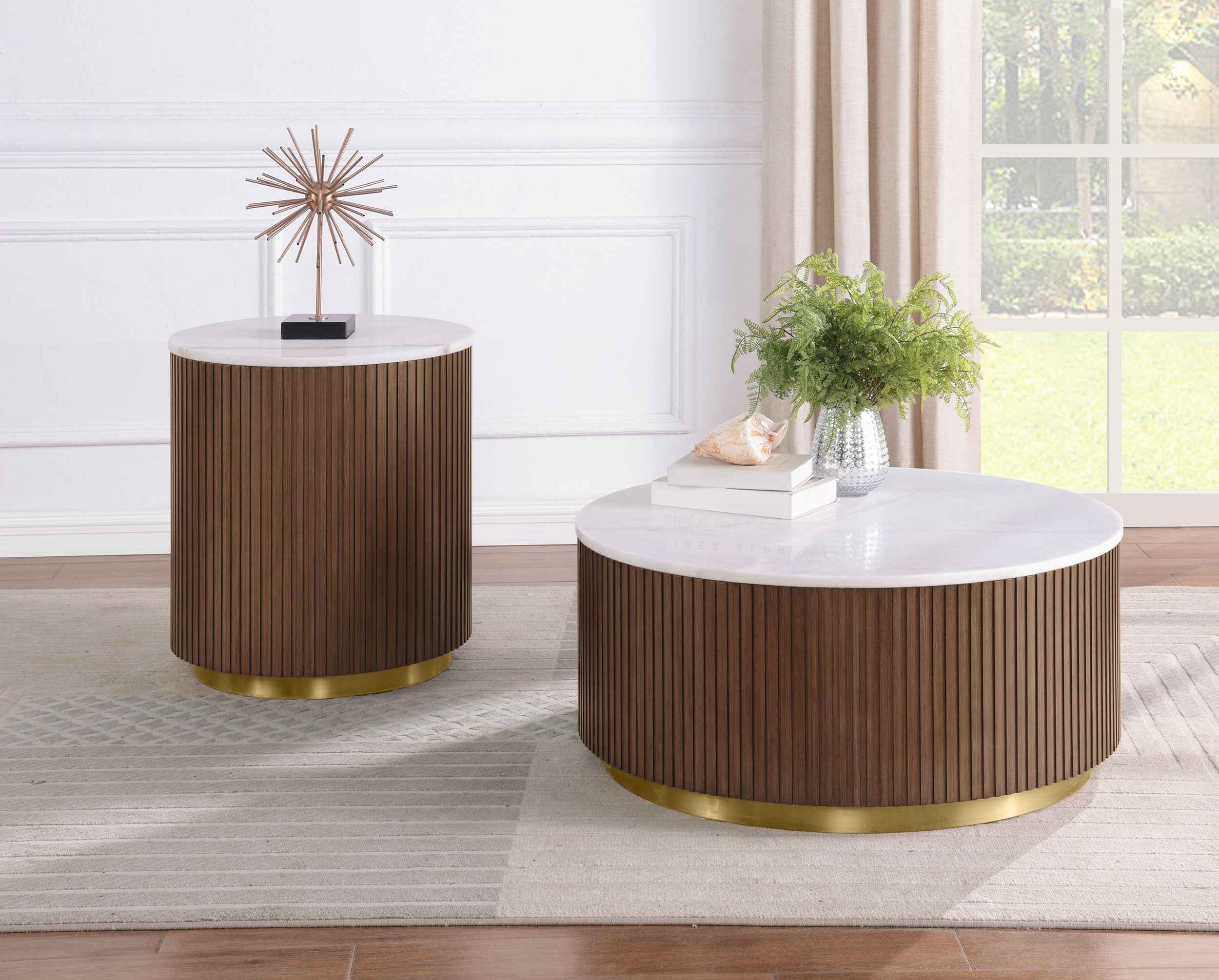 Jason Honey Brown/White Marble 2-piece Round White Marble Coffee Table Set