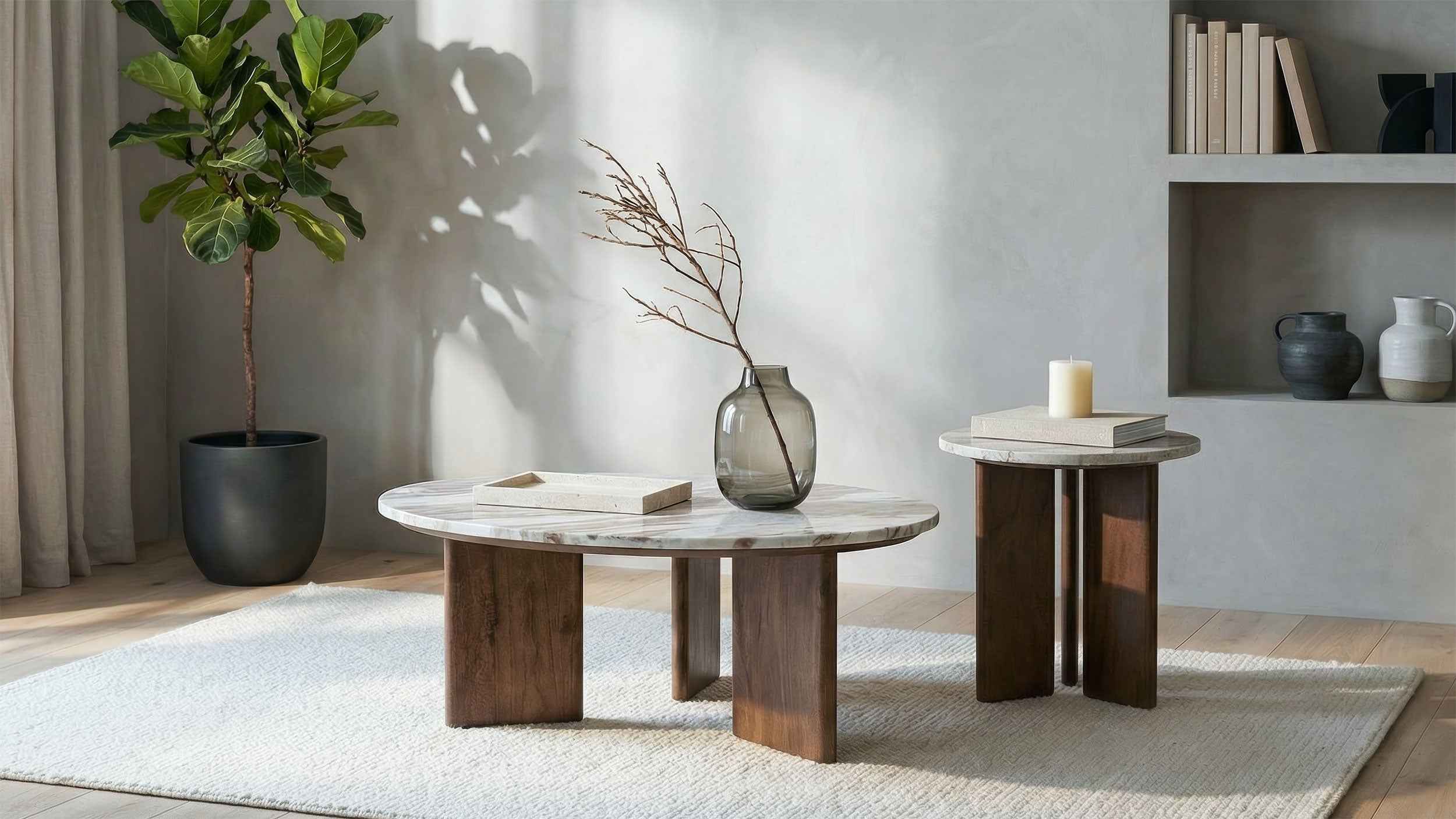 Jenna Brown 2-piece Round Marble Top Coffee Table Set