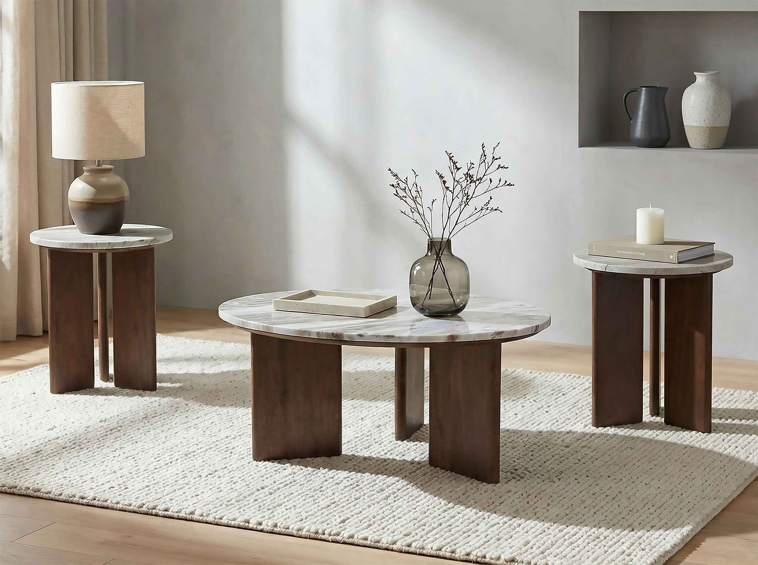 Jenna Brown 3-piece Round Marble Top Coffee Table Set