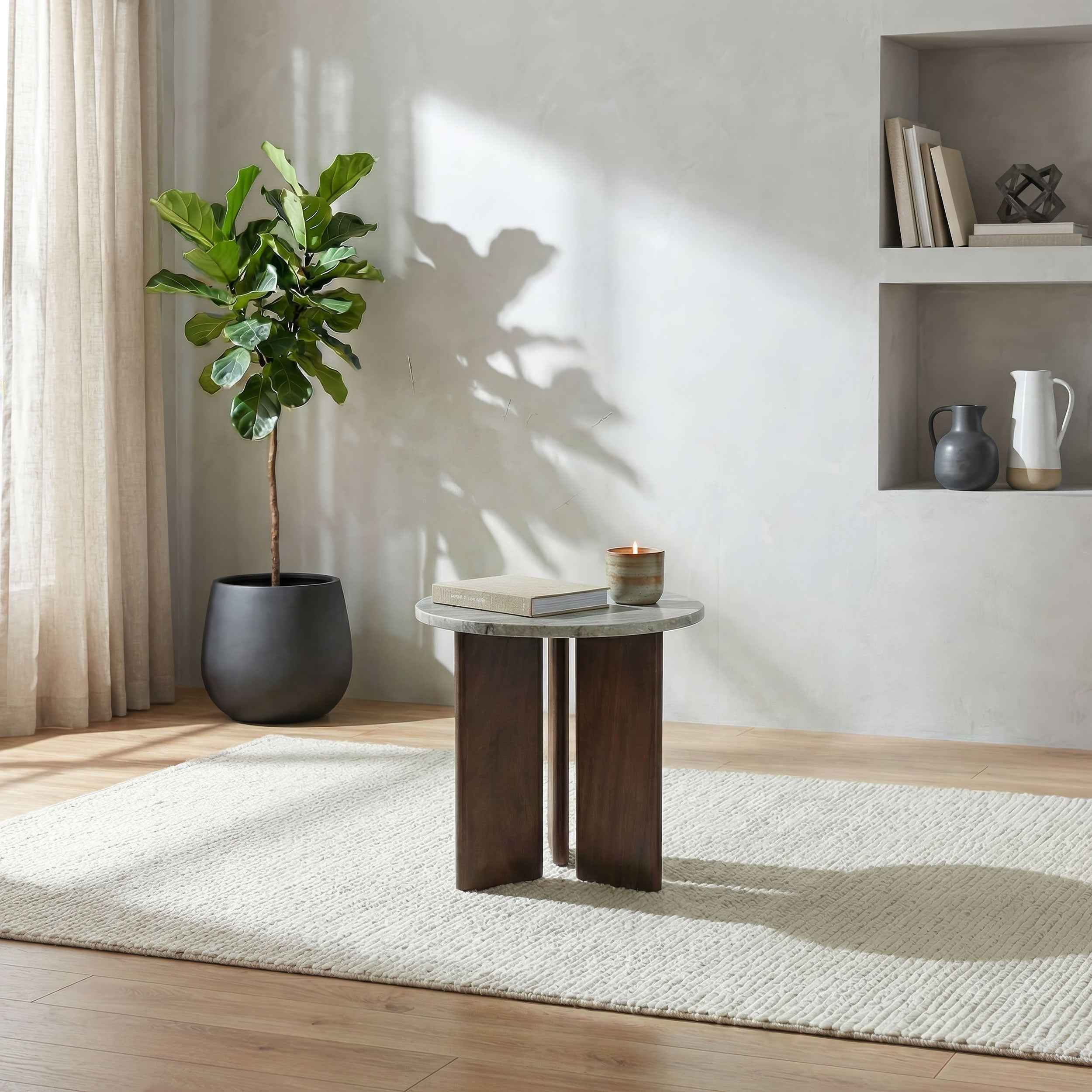 Jenna Brown Round Marble Top Mango Wood Side End Table