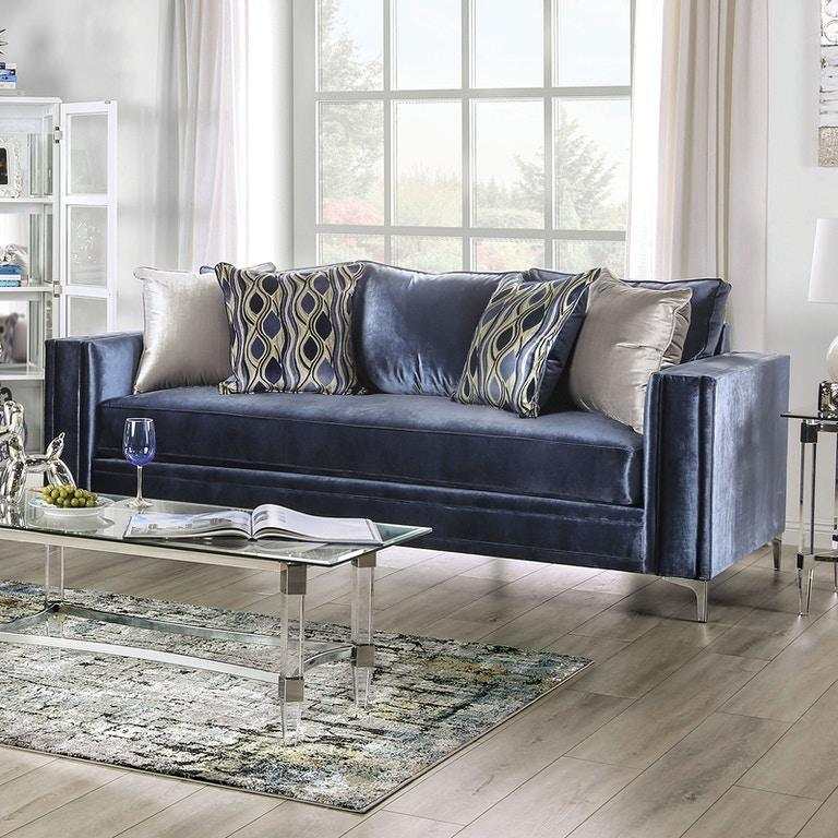Jodie Satin Blue & Silver Stationary Sofa & Loveseat - Image 2