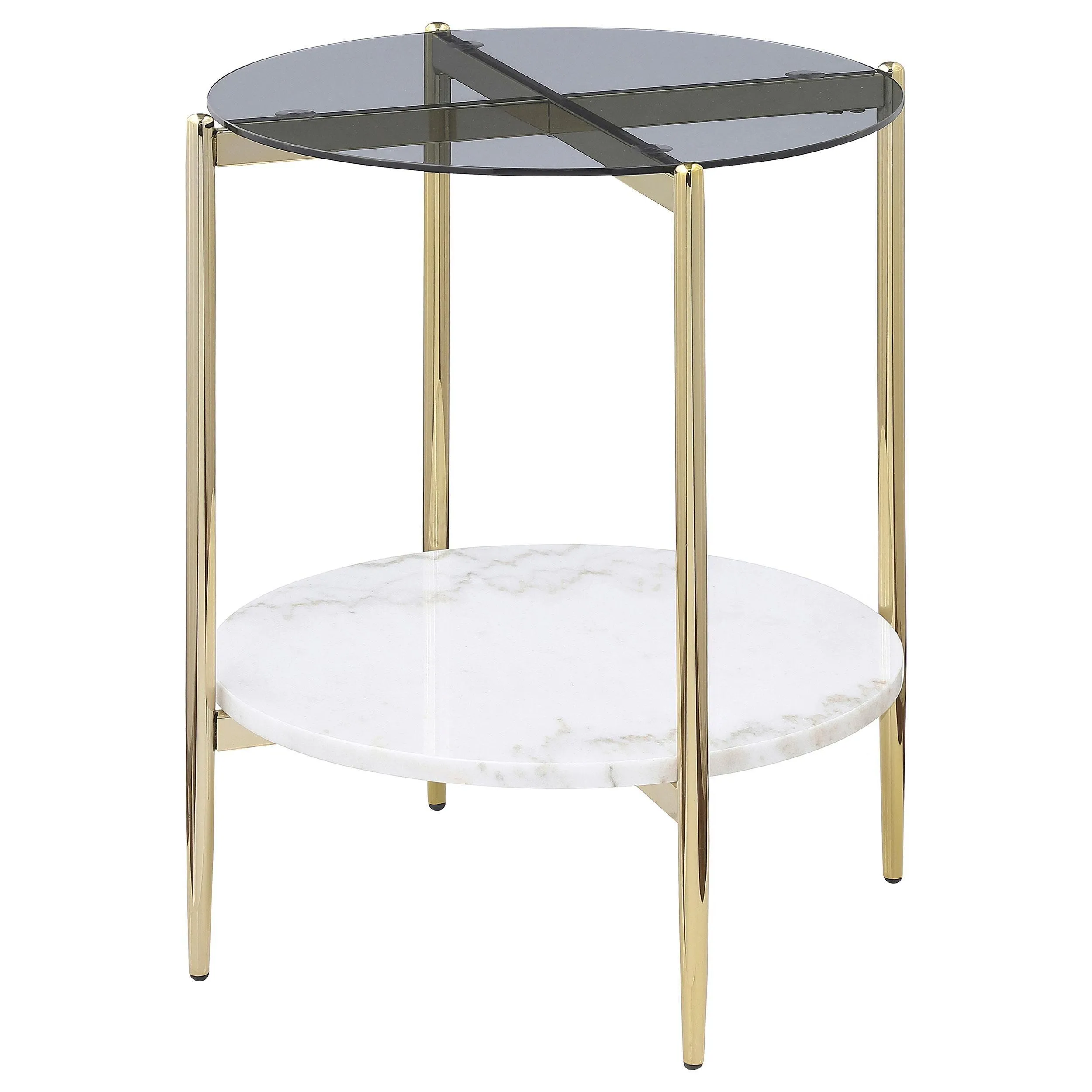 Jonelle Gold Round Glass Top End Table White Marble Shelf - Image 3