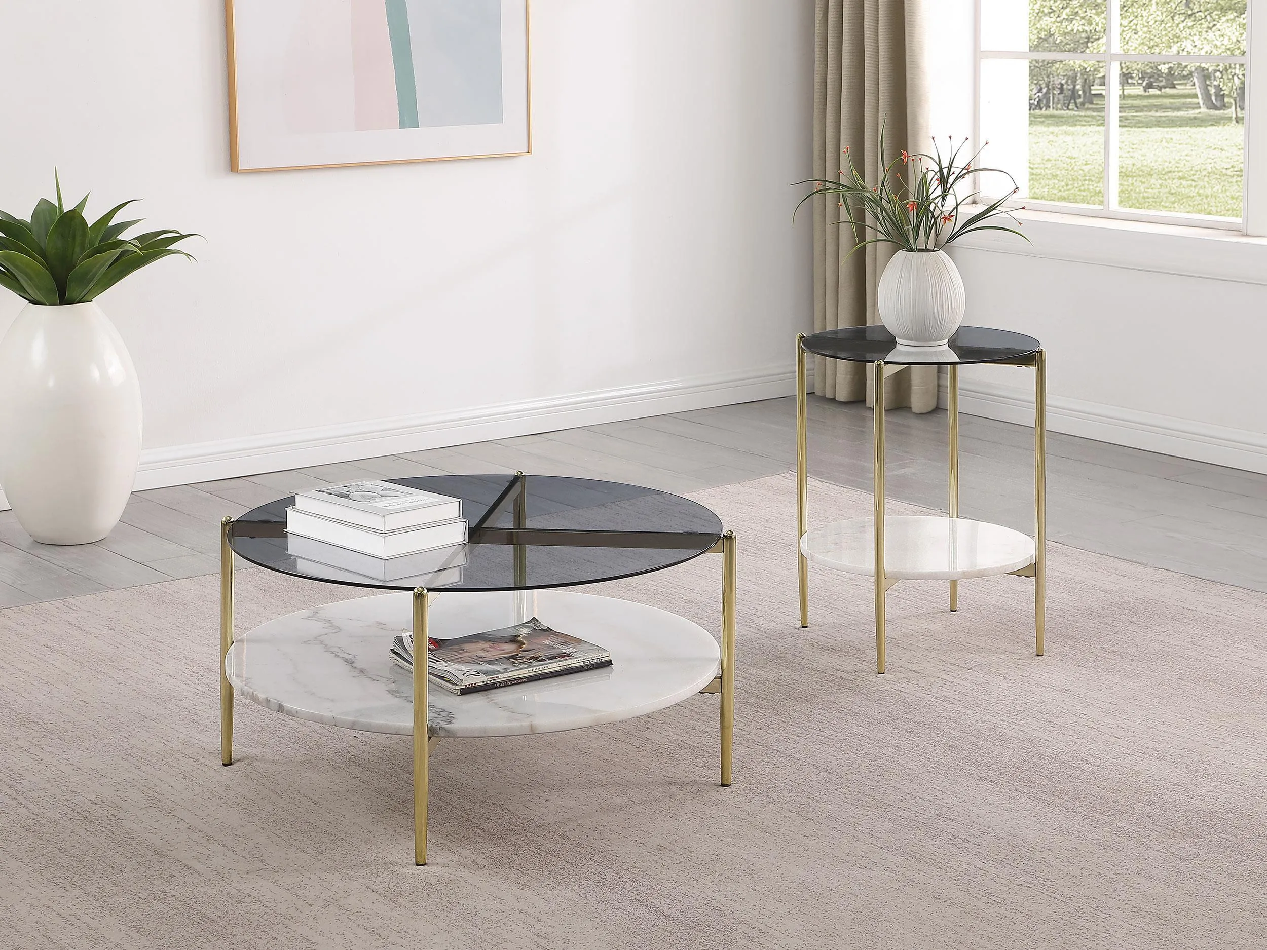 Jonelle Gold Round Glass Top End Table White Marble Shelf - Image 8
