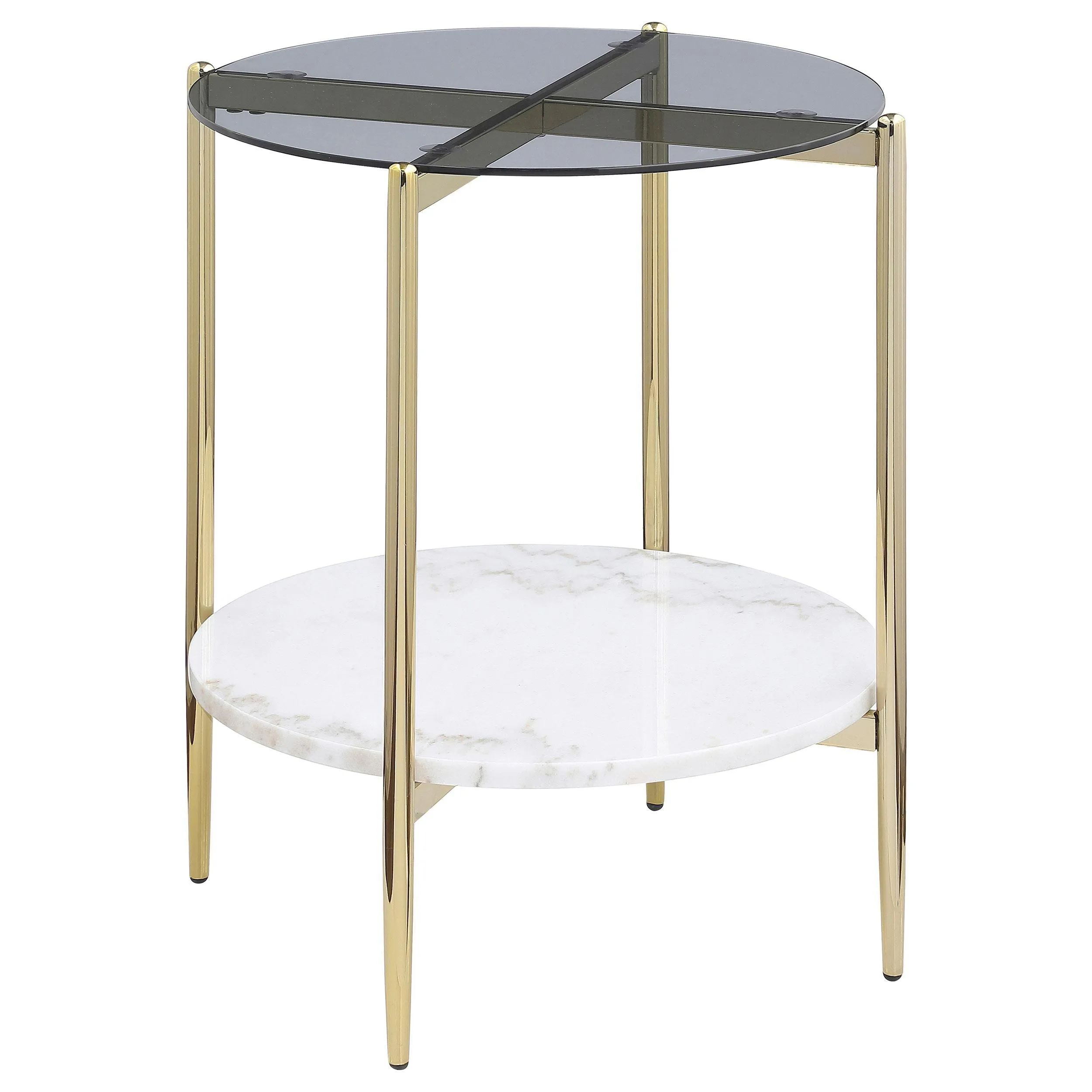 Jonelle Gold Round Glass Top End Table White Marble Shelf - Image 9