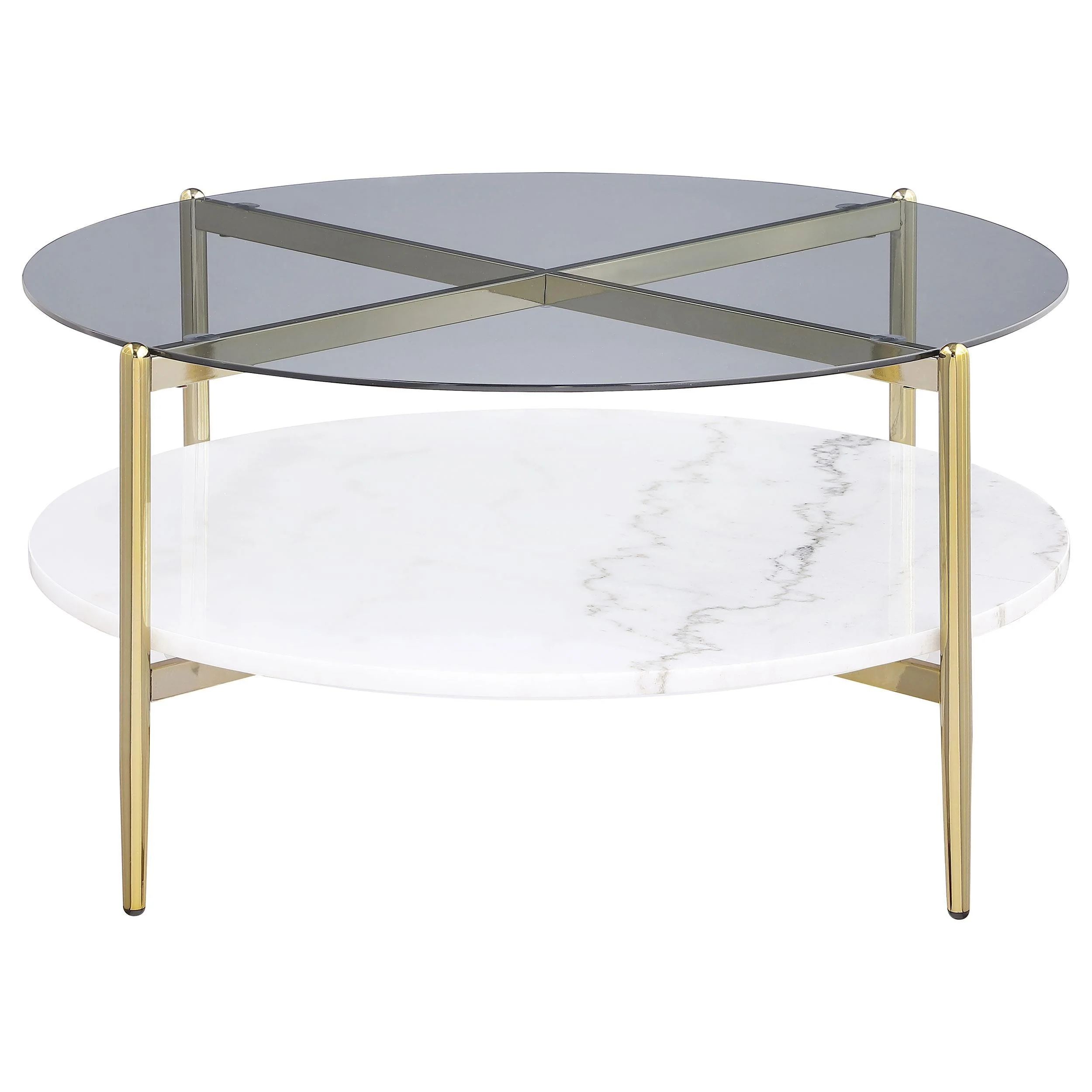 Jonelle Round Glass Top Coffee Table White Marble Shelf Gold - Image 2