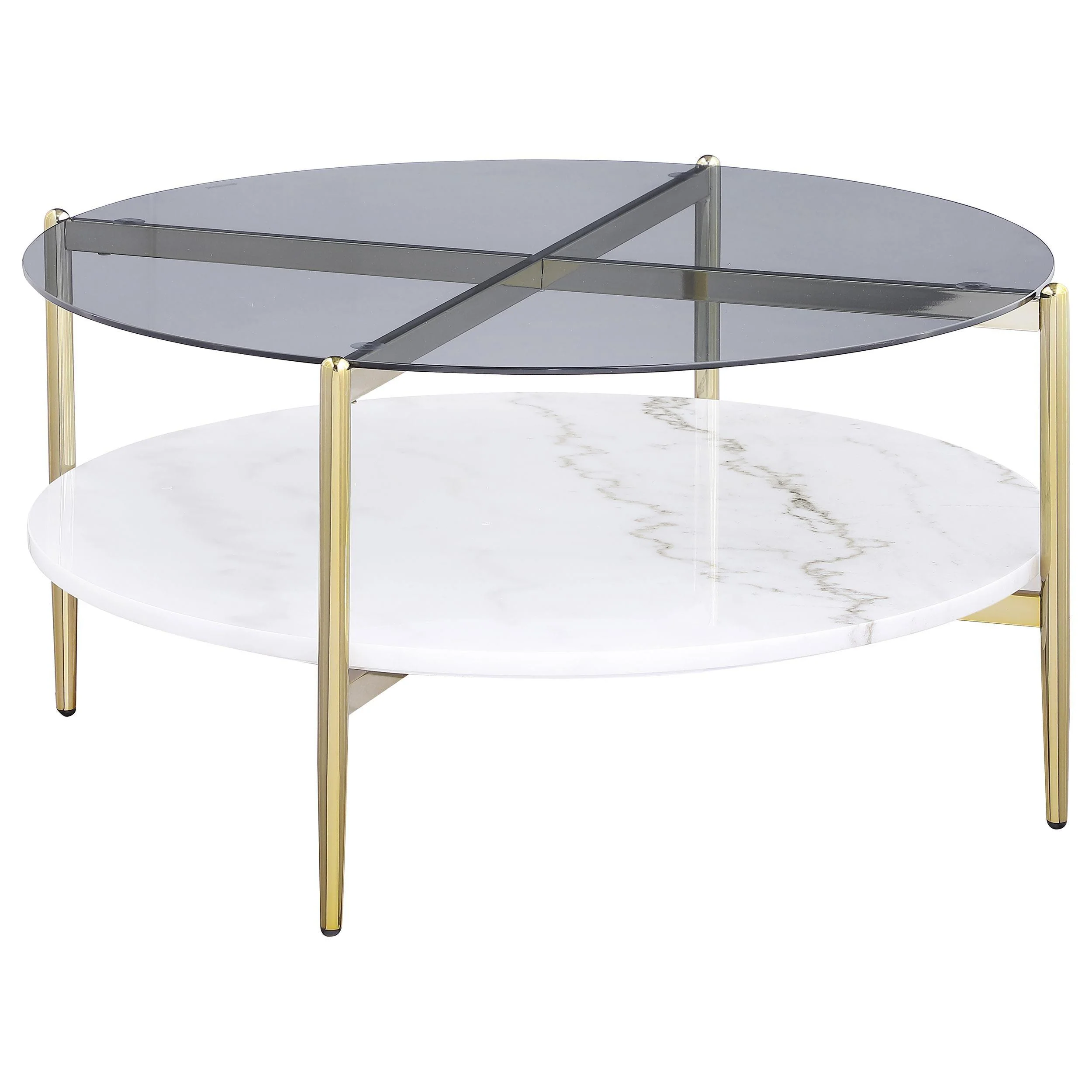 Jonelle Round Glass Top Coffee Table White Marble Shelf Gold - Image 4