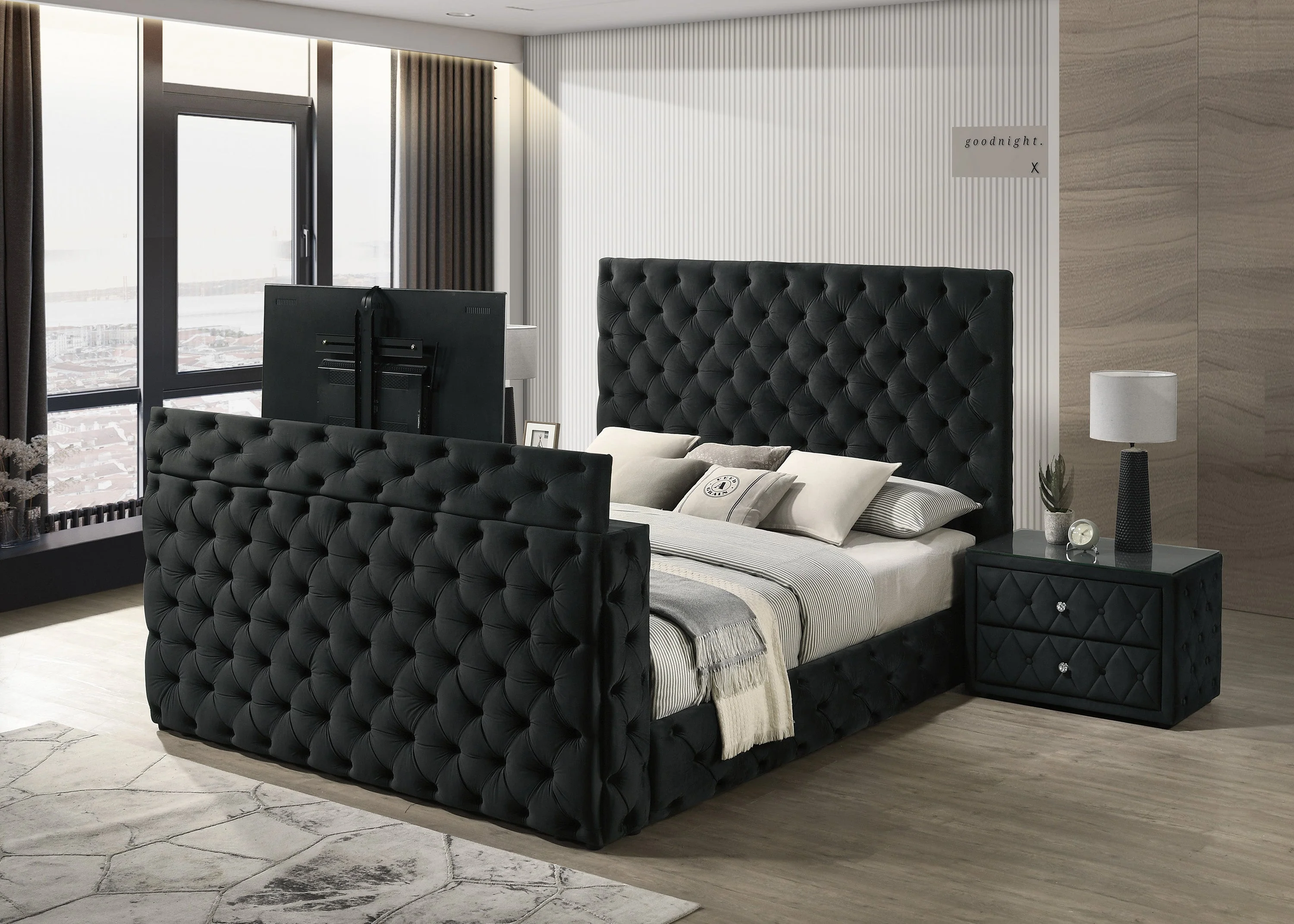 Josephine Black Queen Upholstered Panel Bed with TV Lift