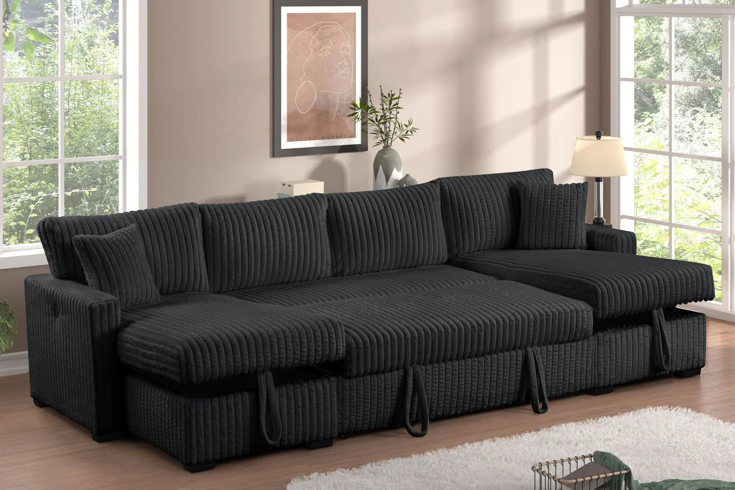July Black Double Storage Chaise Sectional with Pull Out Bed - Image 2