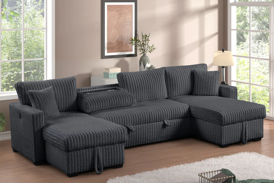 July Charcoal Double Storage Chaise Sectional with Pull Out Bed