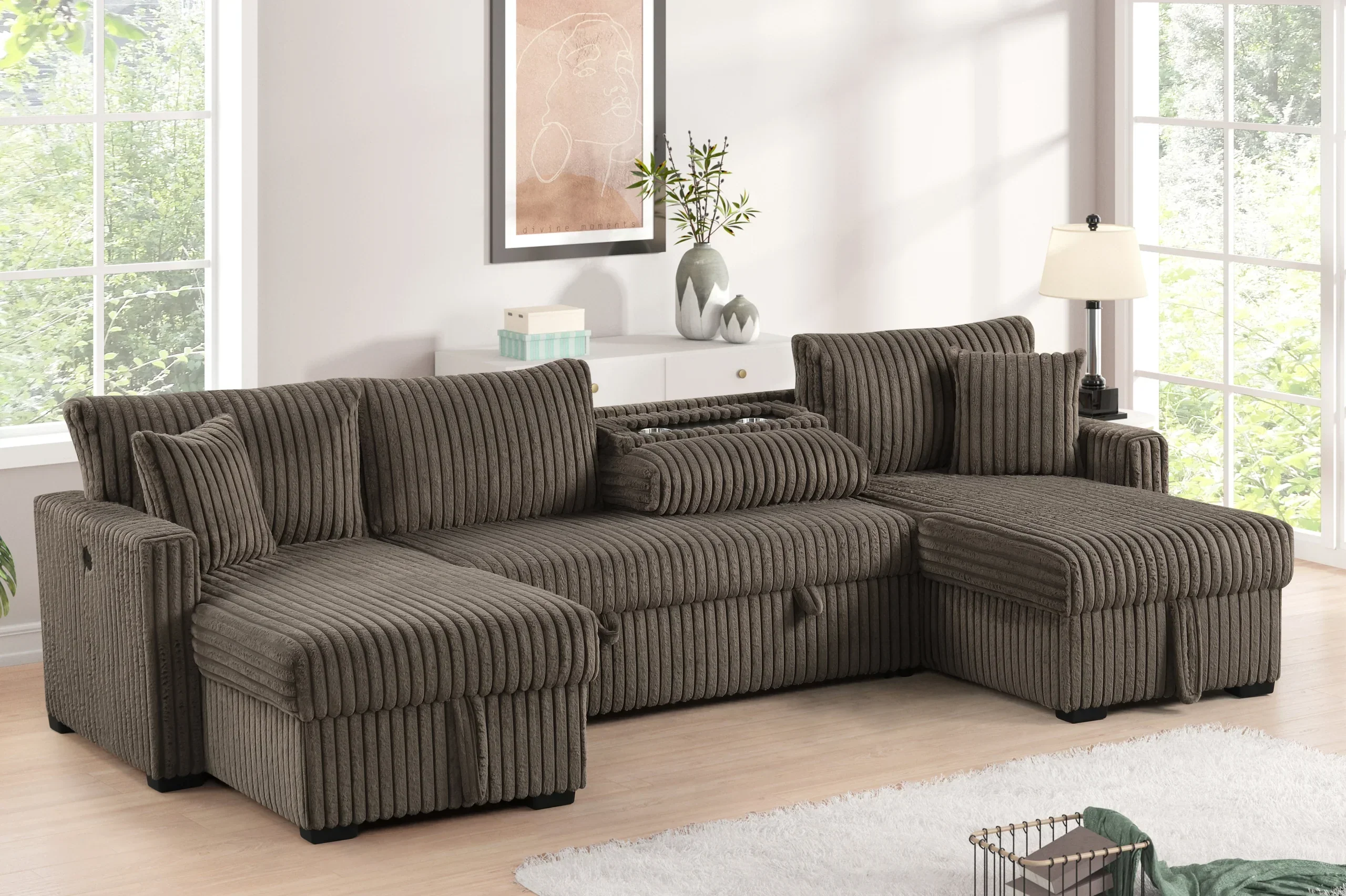 July Mocha Double Storage Chaise Sectional with Pull Out Bed