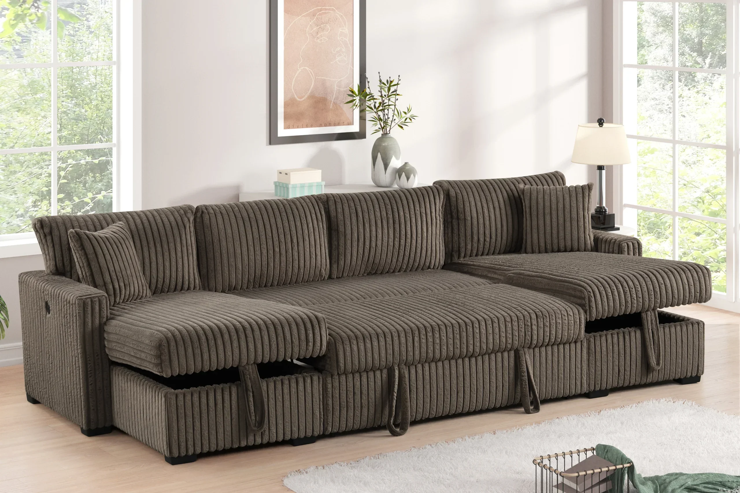 July Mocha Double Storage Chaise Sectional with Pull Out Bed - Image 3