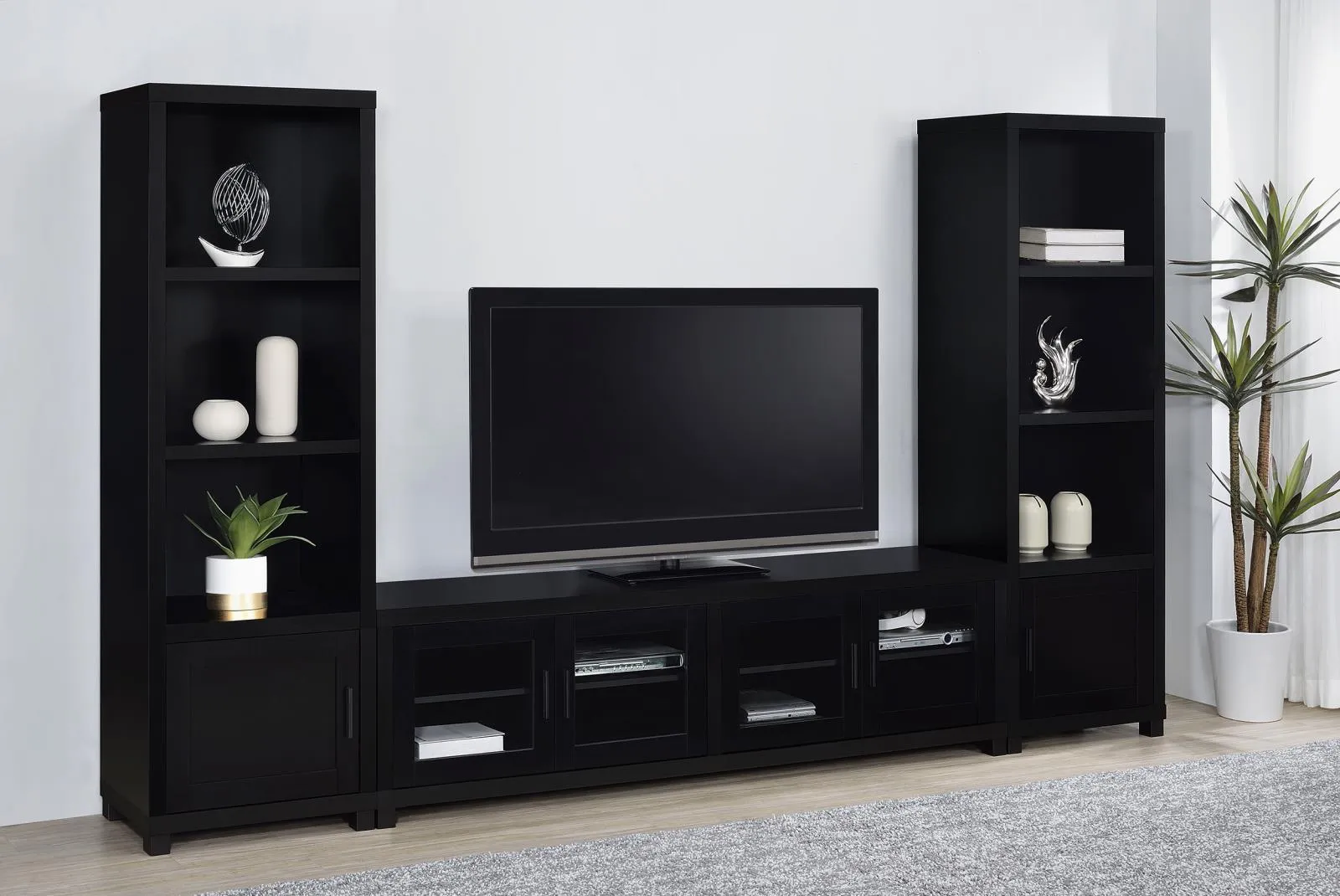 Jupiter Black 4-door 79" TV Stand Media Console with Framed Glass Panels