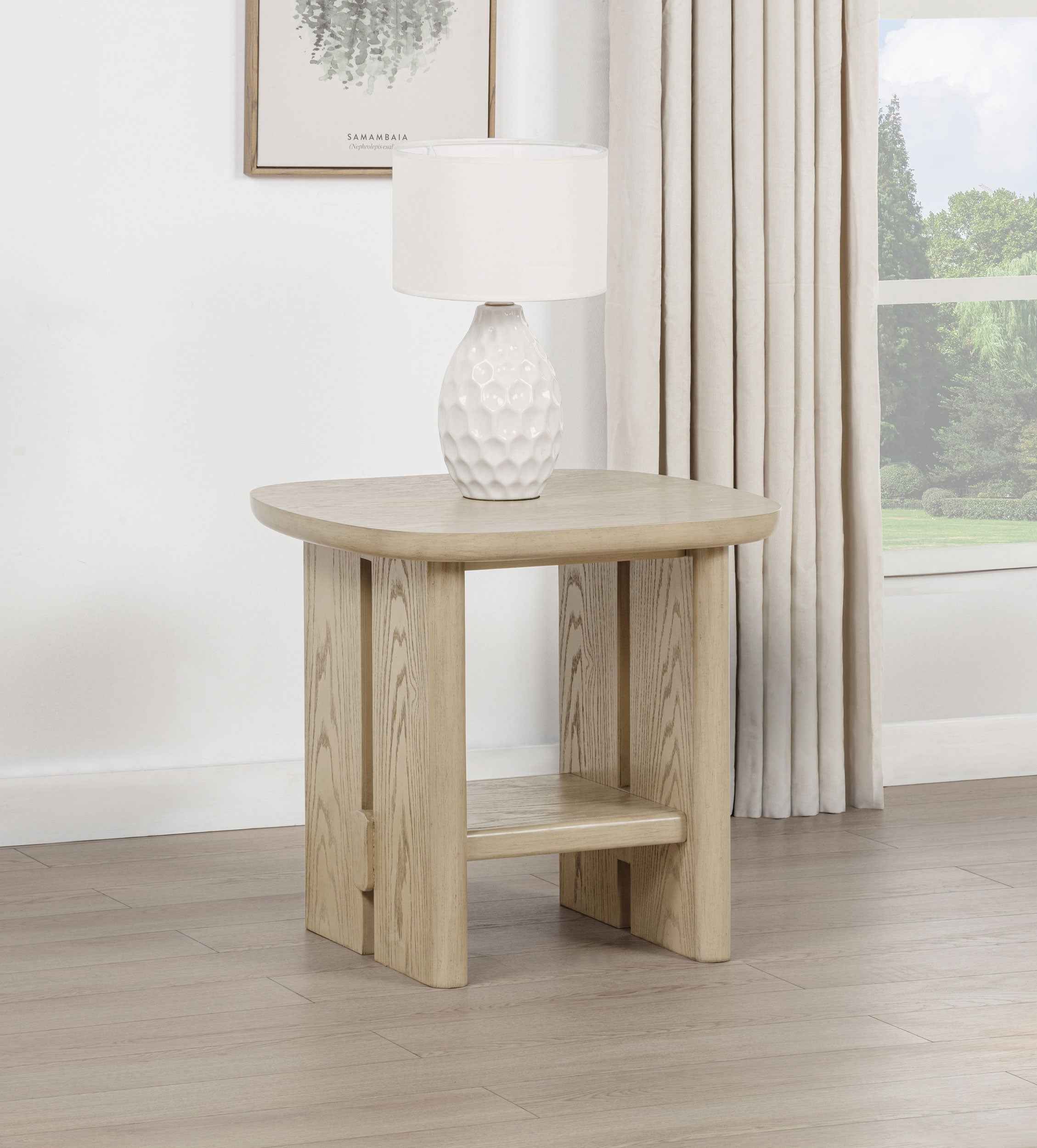 Kailani Beige Oak Coastal Square End Side Table with Shelf
