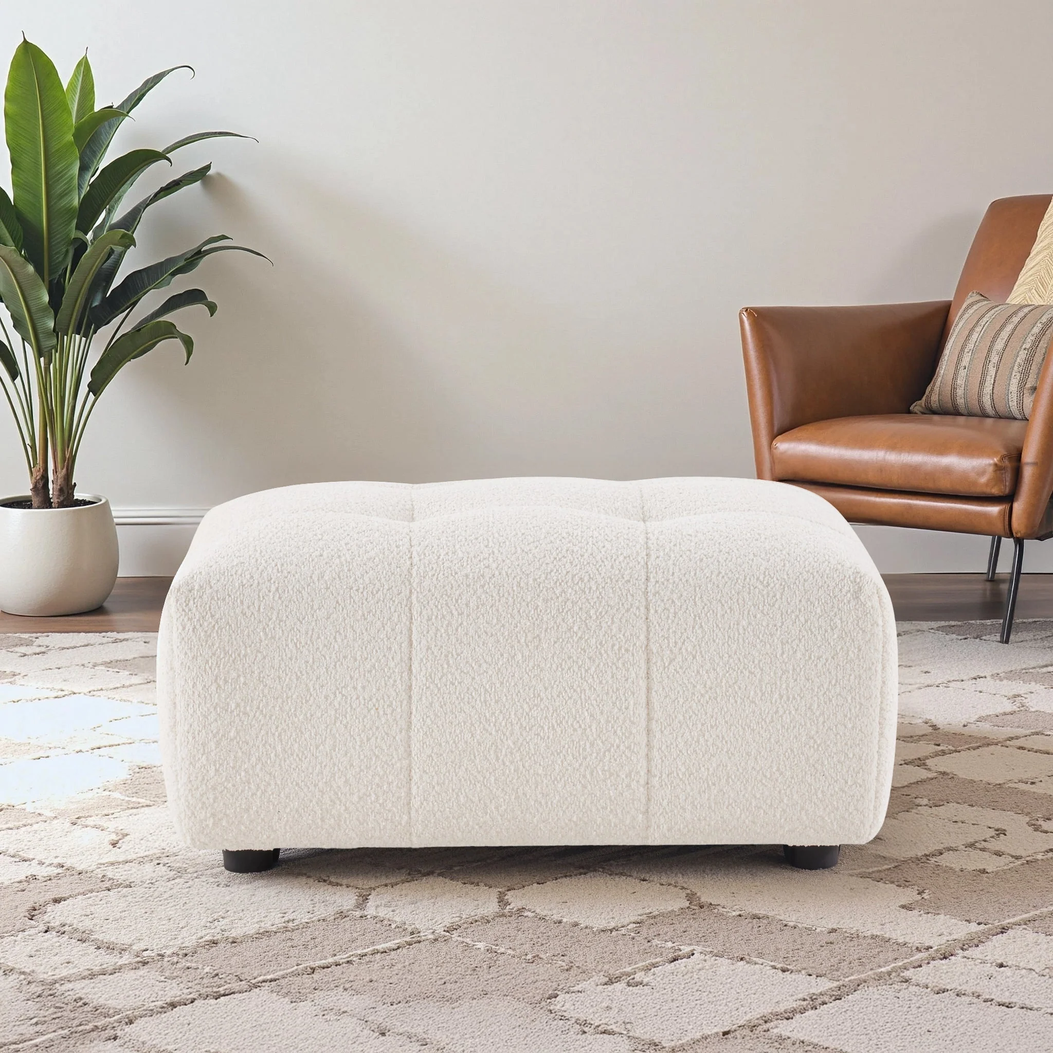 Kaynes Chic Tufted Ivory Boucle Ottoman - Image 2
